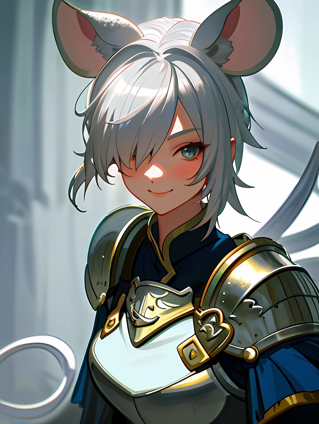 Silver hair, hair over one eye, fantasy, female knight, short double tail, hairpins, raised eyebrows, mouse ears, seductive smile, 8k, super detail, super detail, textured skin, anatomically correct, high quality, masterpiece, ccurate, UHD