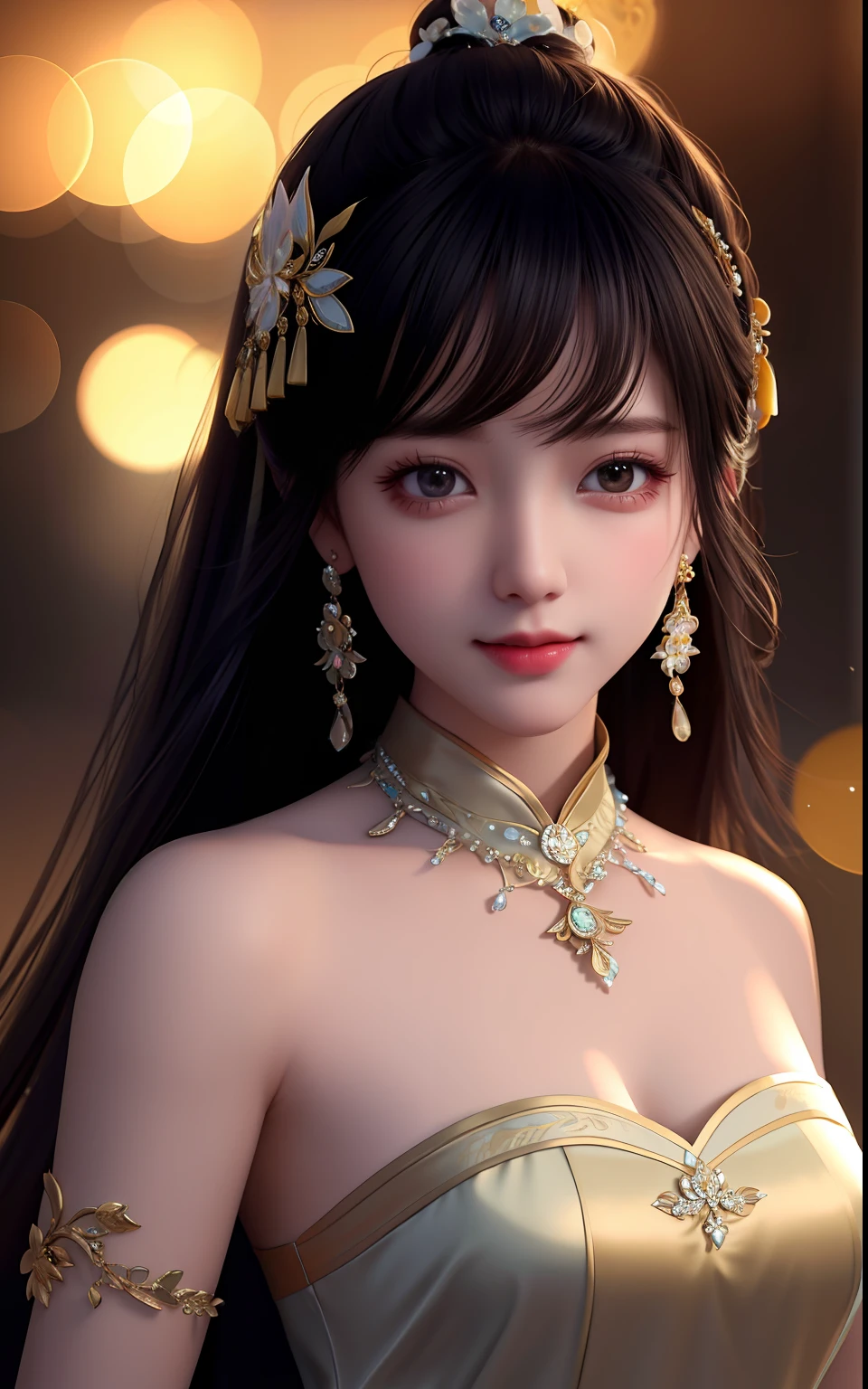 Best quality, masterpiece, high resolution, 1girl, clear silk porcelain dress, beautiful face, hair accessories, looking at the audience, smiling, close your mouth, lips, dress, hair accessories, necklaces, jewelry, long hair, earrings, beautiful face, on the body, Tindal effect, realism, dark studio, edge lighting, two-tone lighting, (high detail skin: 1.2), 8k UHD, DSLR, soft light, high quality, volumetric lighting, photo, high resolution 4K, 8k, blurred background