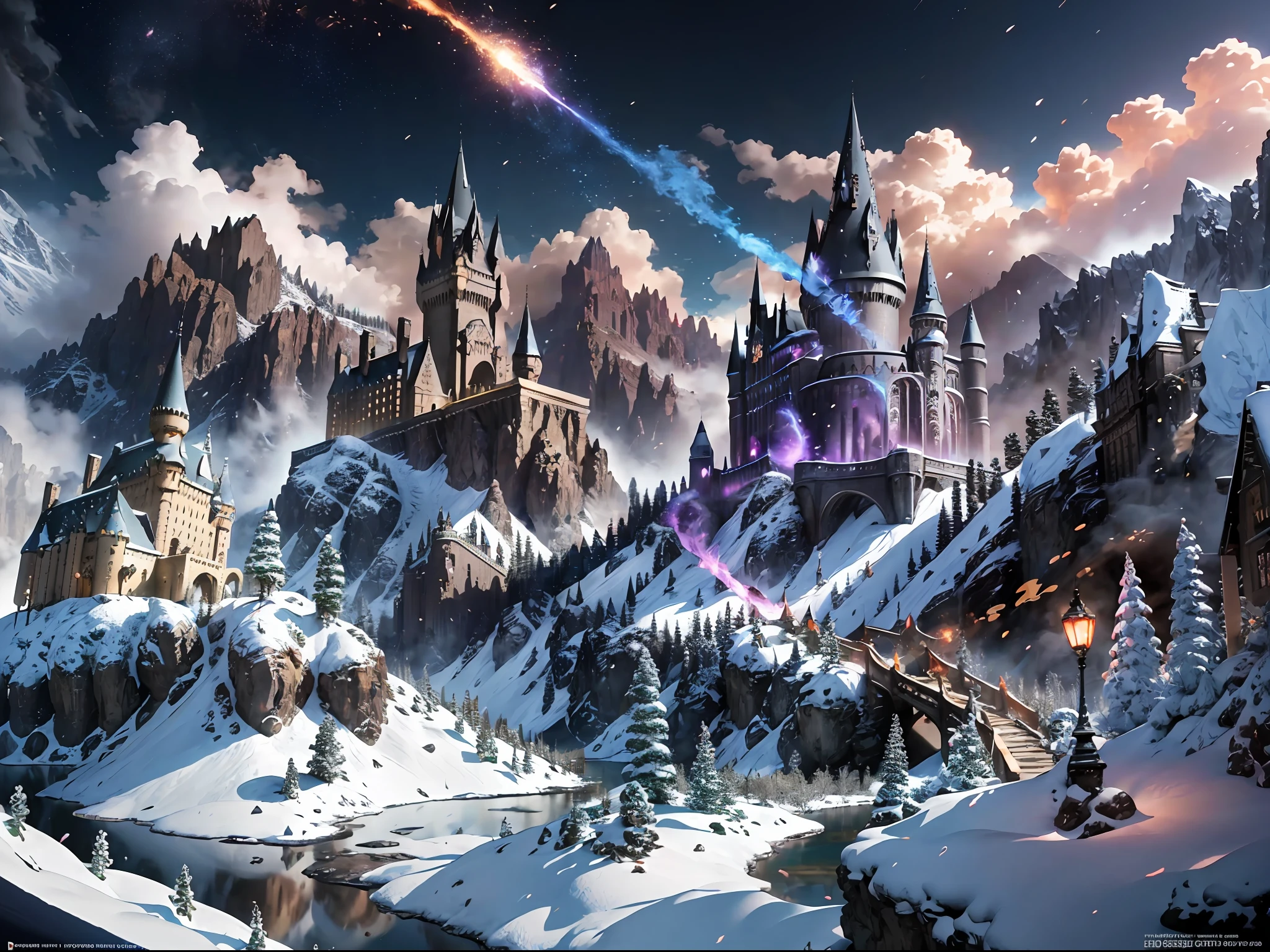 ((masterpiece)), best quality, high quality, ((extremely detailed CG unity 8k wallpaper)),(fantasy), A place like black magic world, dark-ish color, castles, tremendous dragons fly in the sky, huge dragons, dragons shooting lots of  fire balls, ruining the ground, magic movie style, harry potter movie style, viewing on higher mountain, Mono Lake, 3D Digital Paintings,award winning photography, Bokeh, Depth of Field, HDR, bloom, Chromatic Aberration ,Photorealistic,extremely detailed, trending on artstation, trending on CGsociety, Intricate, High Detail, dramatic, art by midjourney