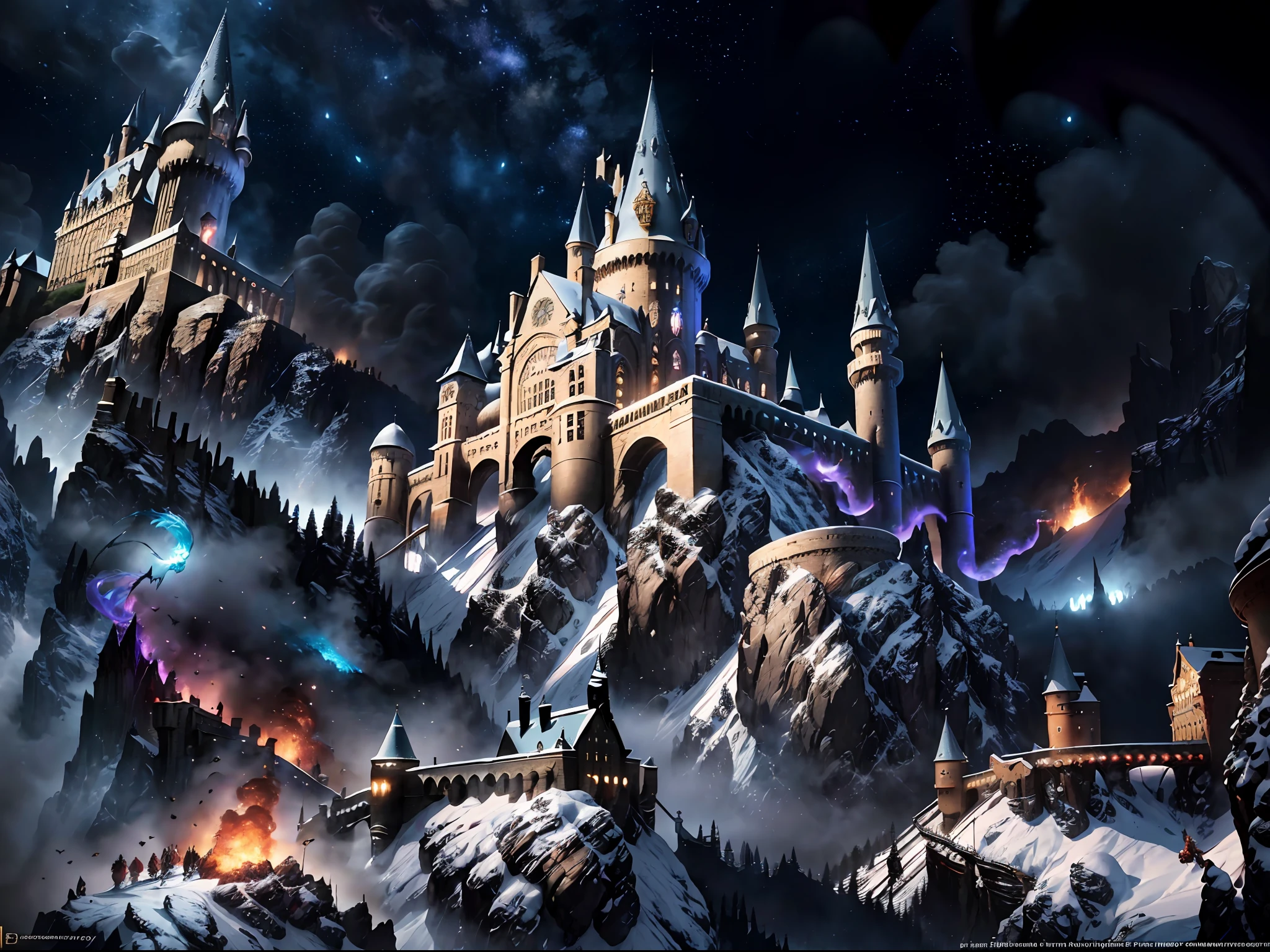 ((masterpiece)), best quality, high quality, ((extremely detailed CG unity 8k wallpaper)),(fantasy), A place like black magic world, dark-ish color, castles, tremendous dragons fly in the sky, huge dragons, dragons shooting lots of fire balls, ruining the ground, magic movie style, harry potter movie style, viewing on higher mountain, Mono Lake, 3D Digital Paintings,award winning photography, Bokeh, Depth of Field, HDR, bloom, Chromatic Aberration ,Photorealistic,extremely detailed, trending on artstation, trending on CGsociety, Intricate, High Detail, dramatic, art by midjourney