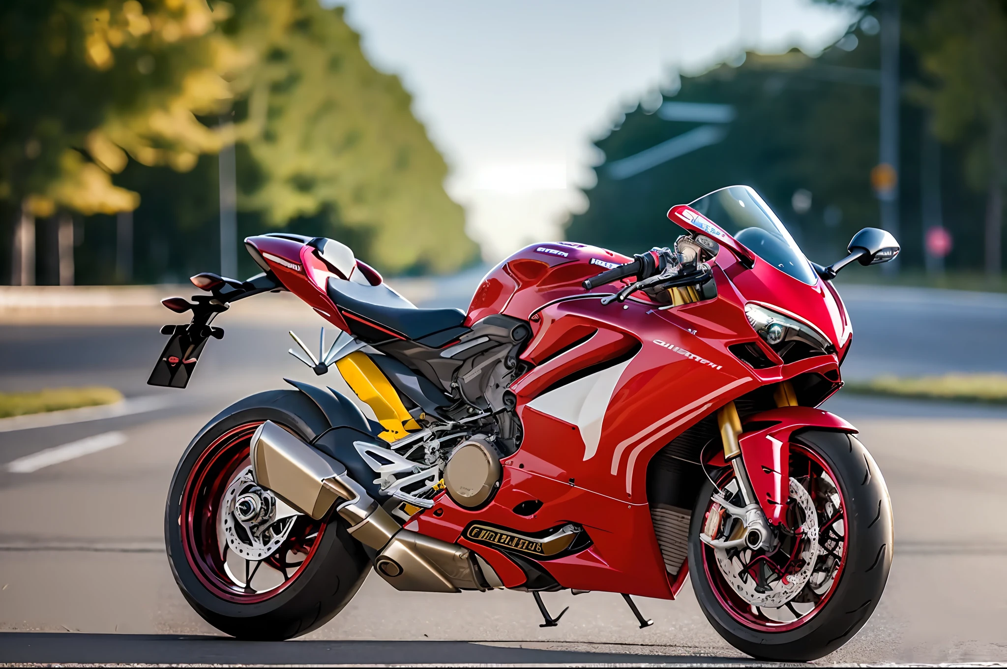 ((masterpiece)), best quality, high quality, ((extremely detailed CG unity 8k wallpaper)), ducati panigale v4s parked on the middle of the street, Bokeh, Depth of Field, HDR, bloom, Chromatic Aberration ,Photorealistic,extremely detailed, trending on artstation, trending on CGsociety, Intricate, High Detail, dramatic, art by midjourney
