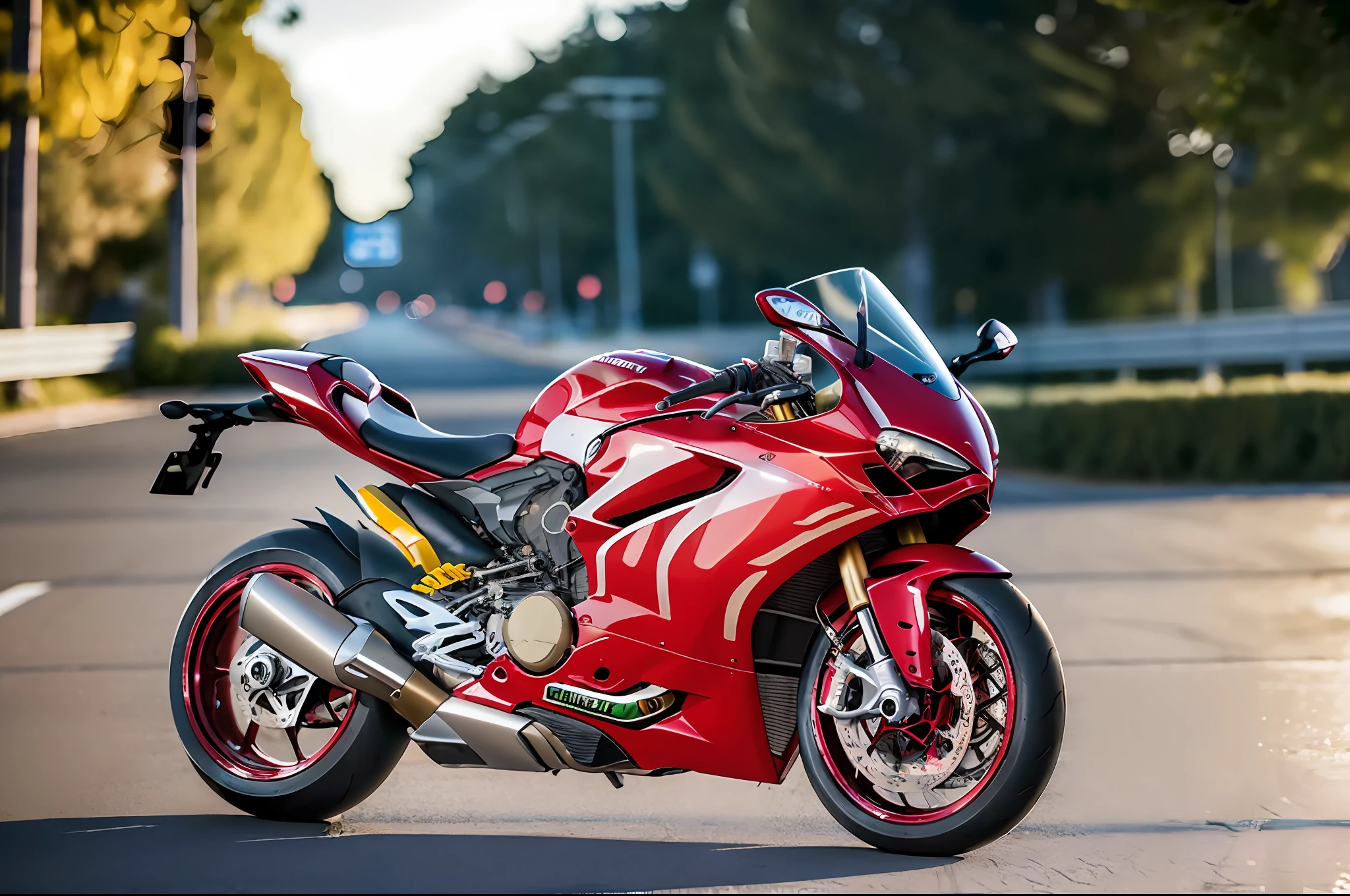 ((masterpiece)), best quality, high quality, ((extremely detailed CG unity 8k wallpaper)), ducati panigale v4s parked on the middle of the street, Bokeh, Depth of Field, HDR, bloom, Chromatic Aberration ,Photorealistic,extremely detailed, trending on artstation, trending on CGsociety, Intricate, High Detail, dramatic, art by midjourney