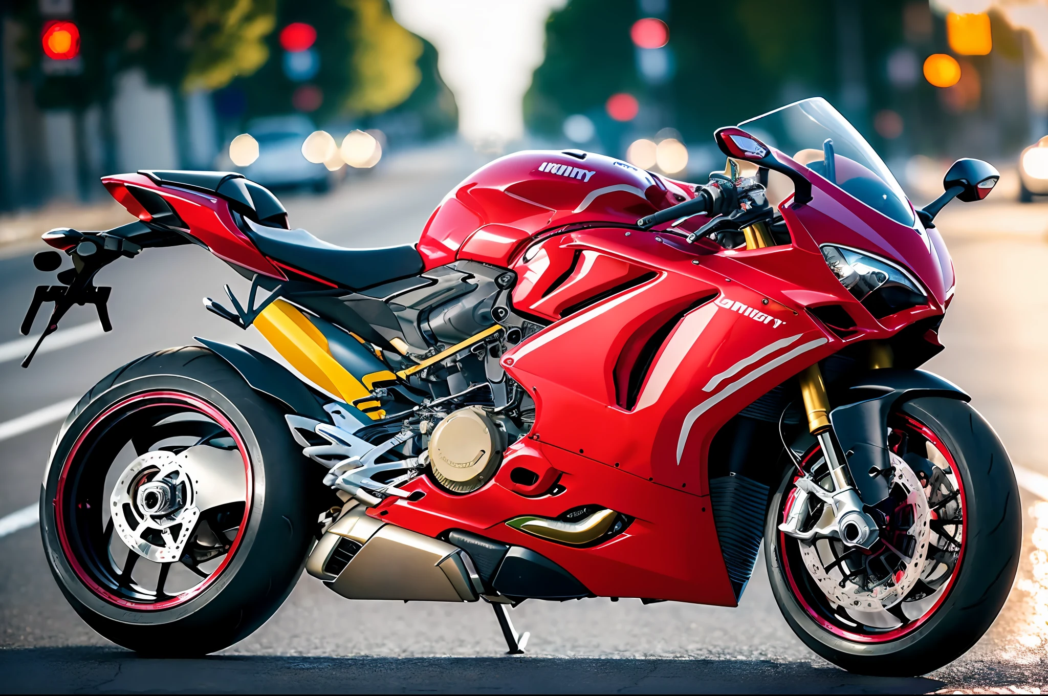 ((masterpiece)), best quality, high quality, ((extremely detailed CG unity 8k wallpaper)), ducati panigale v4s parked on the middle of the street, Bokeh, Depth of Field, HDR, bloom, Chromatic Aberration ,Photorealistic,extremely detailed, trending on artstation, trending on CGsociety, Intricate, High Detail, dramatic, art by midjourney