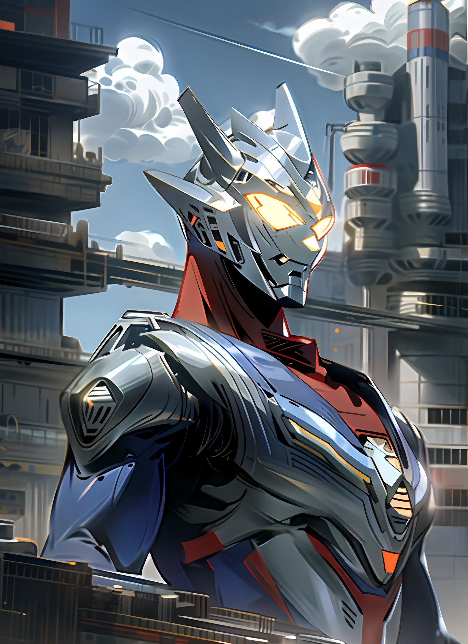 Sky, Clouds, holding_weapon, no_humans, Glow, Ultraman, Architecture, glowing_eyes, Mecha, Science Fiction, City, Reality, Mecha