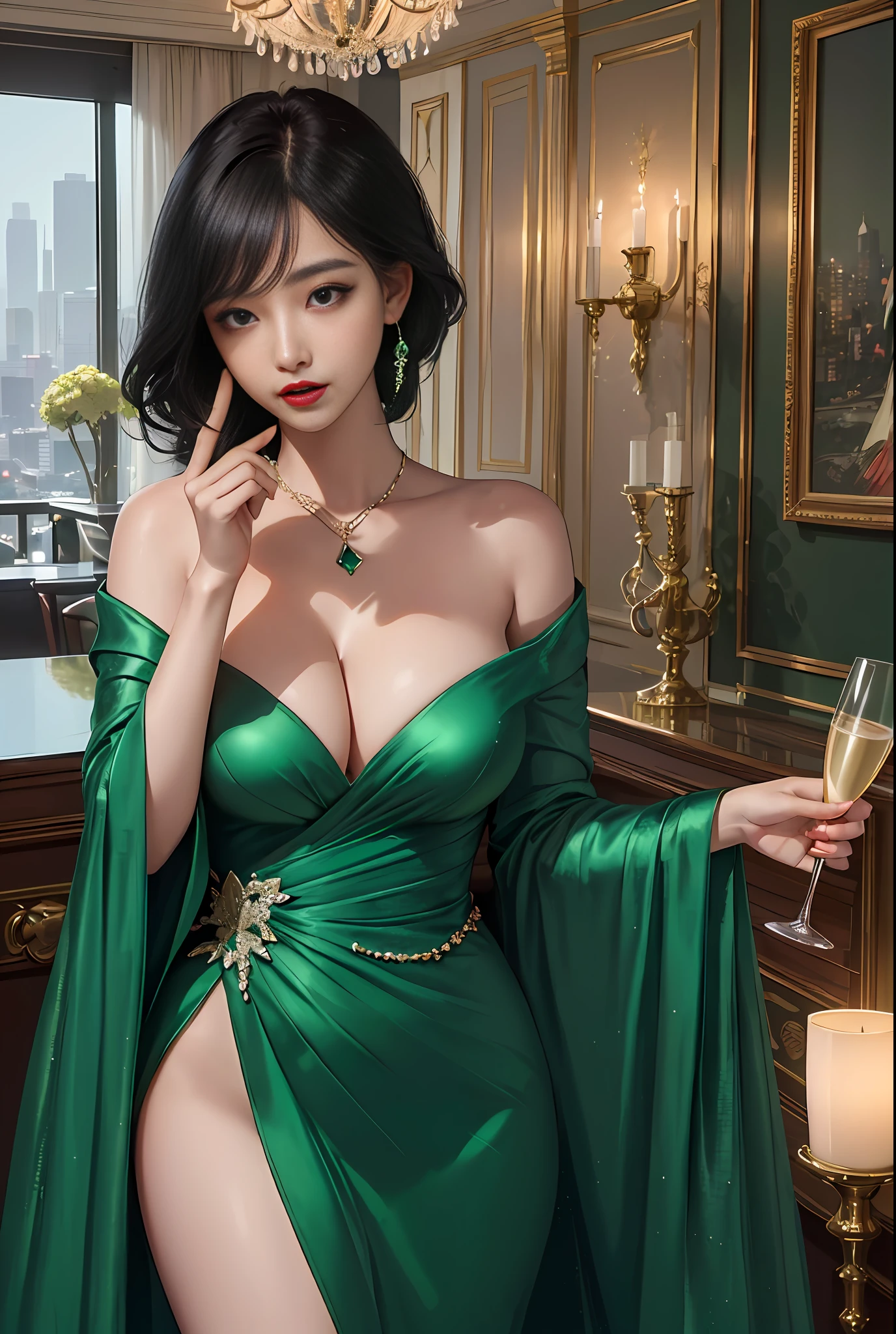 A woman , Emerald green dress, elegant dress, black wave hair, popular Korean makeup, standing next to the window, hold champagne, red lip, city night view, at dinner party , (hyperrealistic), (illustration), (high resolution), (8K), (extremely detailed), (best illustration), (beautiful detailed eyes), (best quality), (ultra-detailed), (masterpiece), (wallpaper), (detailed face)