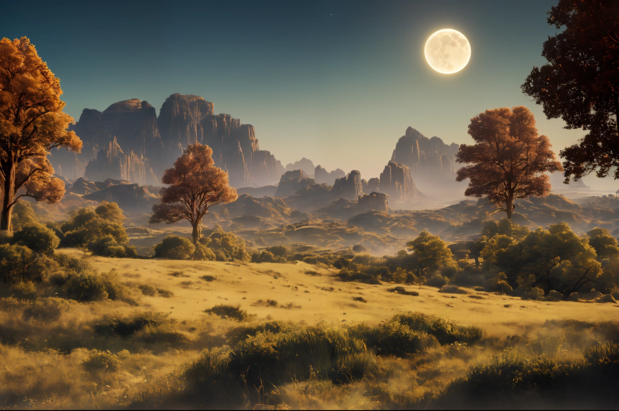 (((Concept Art))) (((Old Fashion Landscape)), 8K Resolution, Super Cool, Hyper-Realistic, Big Sun and Moon, Sci-Fi Style, Dramatic Lighting, Ambient Lighting, Hyper Detail Features, Ray Tracing, 3D, Cinematic Lighting, Dark Shadows, Unreal Engine 5 Rendering, (Center Focus) , Hyper Detail, Art Station Trend, 4K, Very High Detail, Ultra HD, HDR, Very High Detail