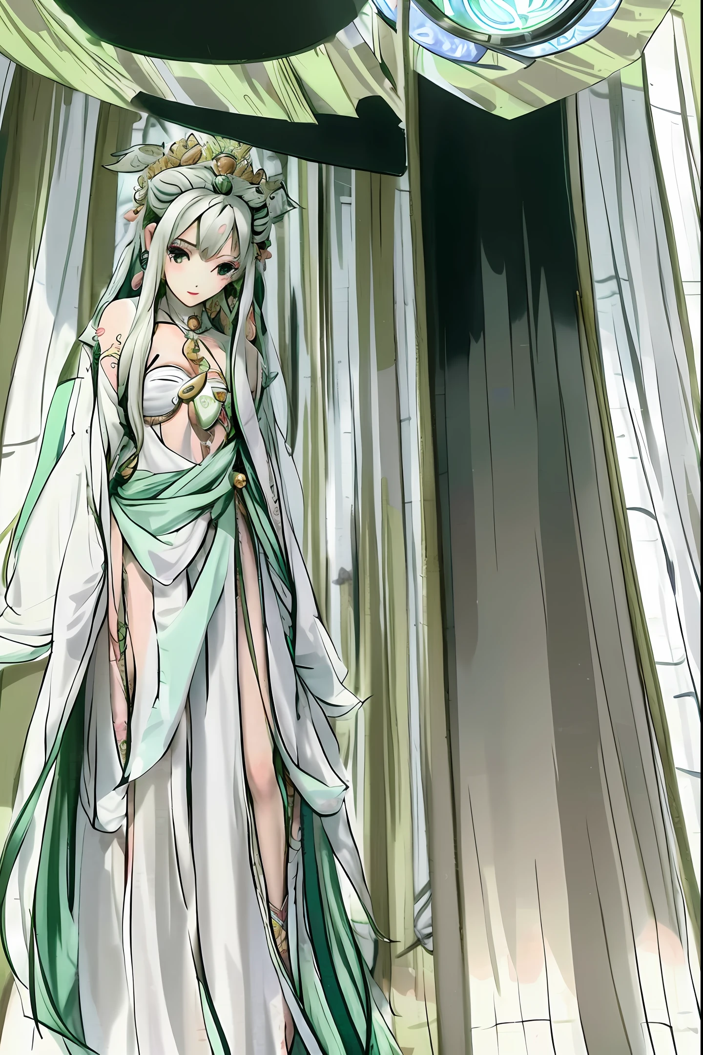 anime girl in a white dress with long blonde hair and a green and white dress, anime goddess, palutena, the goddess artemis smirking, lady palutena, portrait knights of zodiac girl, official art, ((a beautiful fantasy empress)), the godess hera looking angry, blonde anime girl with long hair, ancient goddess, anime visual of a cute girl