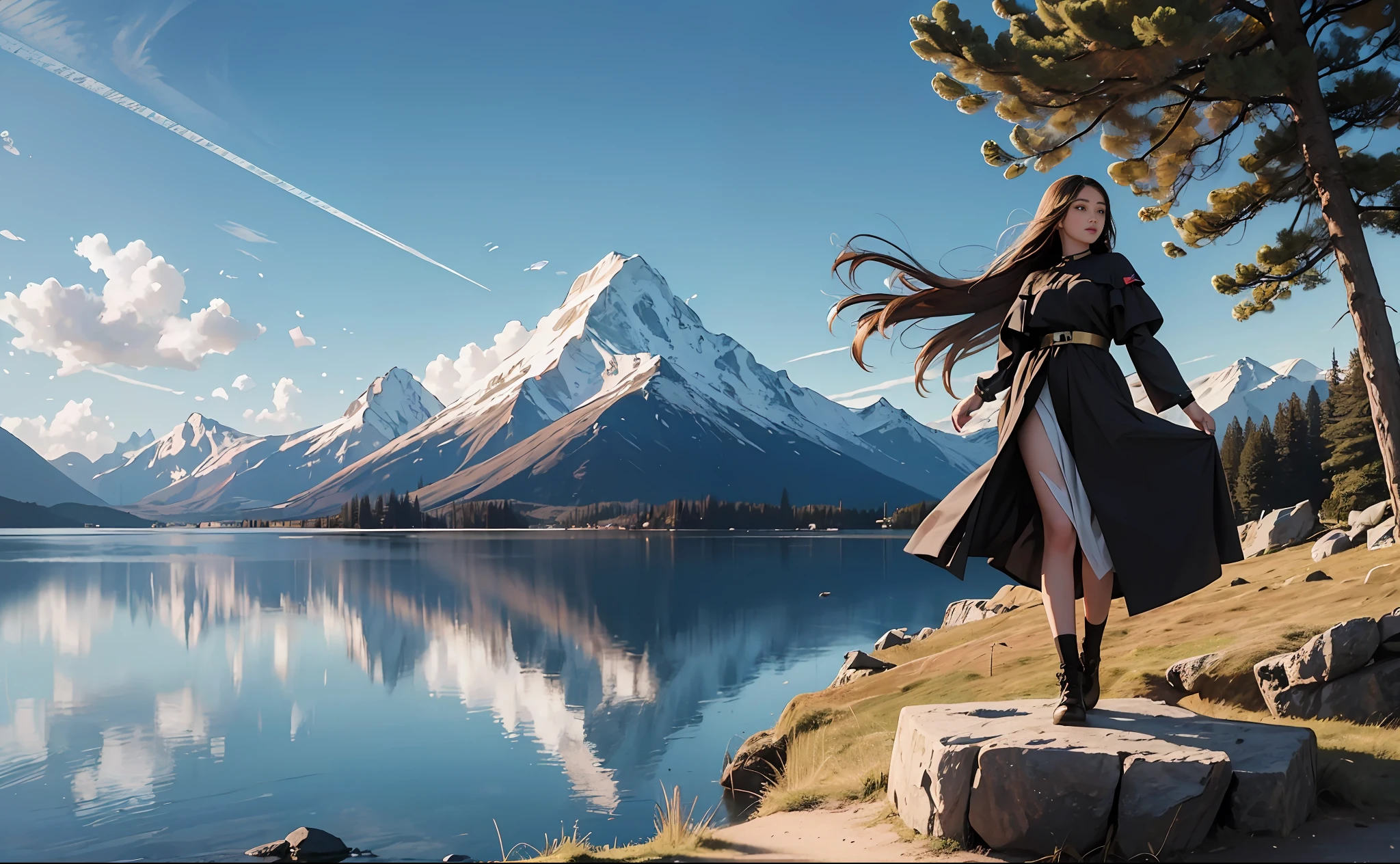 (Masterpiece,best quality, ultra high res) ,inticrate detail, perfect sunlight, girl standing on a rock looking out over a lake, girl with long hair, beautiful  artwork, beautiful art wallpaper 4k, windy hair, beautiful peace scscen, wllpaper 4 k