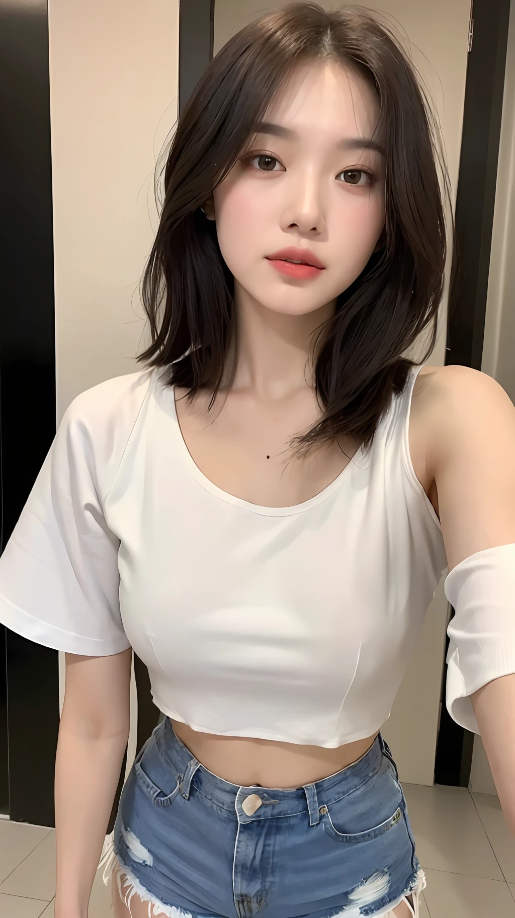 ((Best Quality, 8K, Masterpiece: 1.3)), (Flower Cap: 1.3), Focus: 1.2, Perfect Body Beauty: 1.4, Buttocks: 1.2, (Layered Haircut: 1.2)), (Dark Street: 1.3), Highly Detailed Face and Skin Texture, Full Body, Delicate Eyes, Double Eyelids, Whitened Skin, Long Hair, (Round Face: 1.5), (Loose Crop Top, Shorts: 1.6)