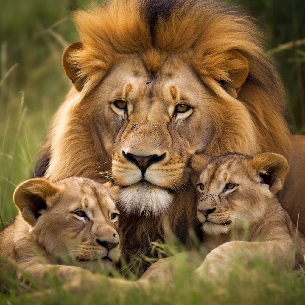 This is a Father's Day-themed poster showing a lion resting with his cub. The lion lies quietly on the grass with its eyes closed, and beside him are two little cubs, their furry appearance and innocent eyes are lovely. The lion just lay quietly on its stomach, as if to tell them that there was such a strong, reliable father in the world. The details in the picture are full of emotion, making people feel the beauty and power of fatherly love
