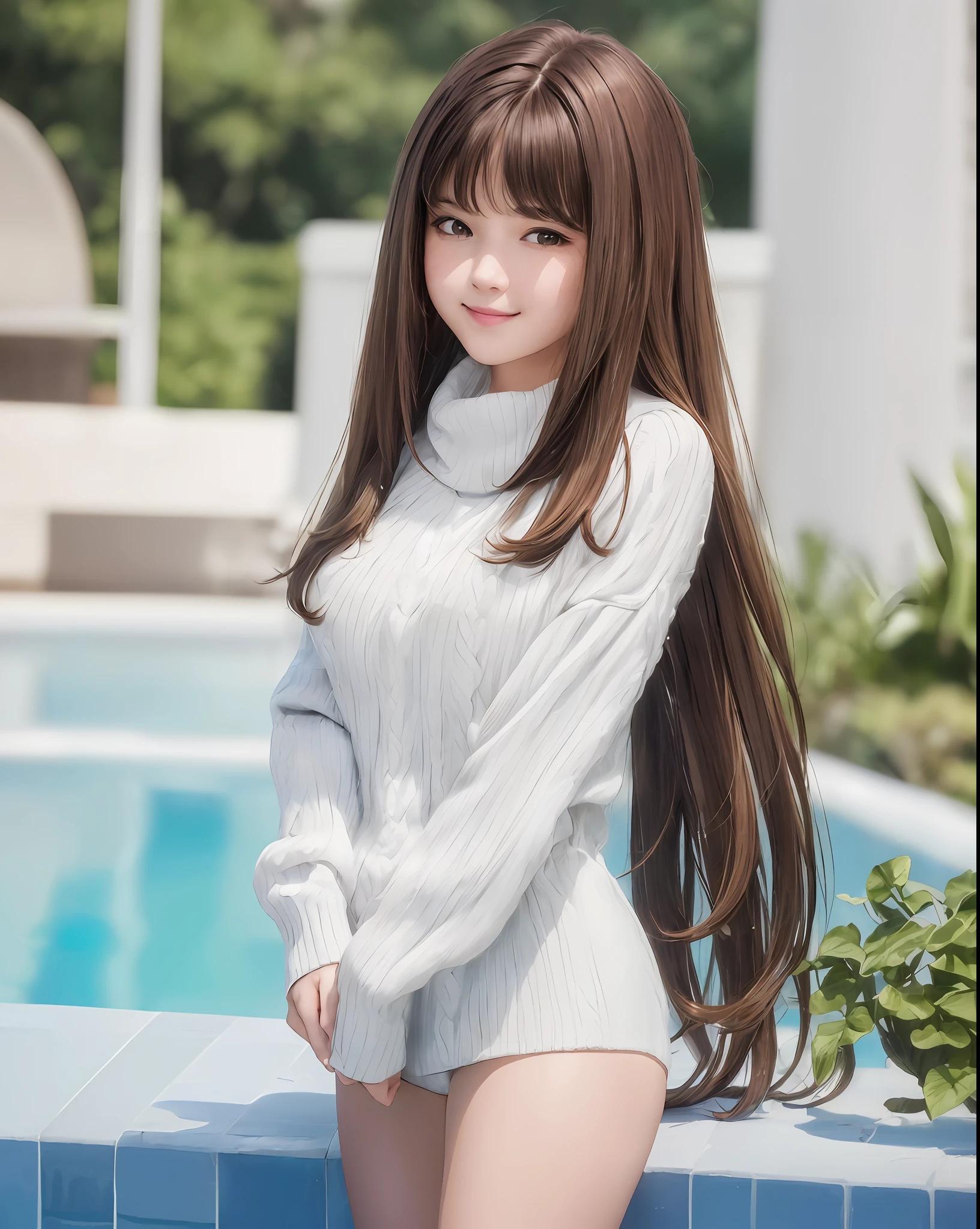 pureerosface_v1, best quality, photorealistic, 8k, high res, 1girl, woman, (skindentation), (portrait:0.6), gorgeous, dynamicpose, ((poolsidebackground:1.6)), coconut tree, ((mediumsize roundbreast, white highnecksweater:1.4)), straight-looking at viewer:1.8, (1girl eyes looking at viewer, medium-length hair,  brownhair, partedbangs:1.65), (bokeh), smile:1.2, (closed mouth:1.16),