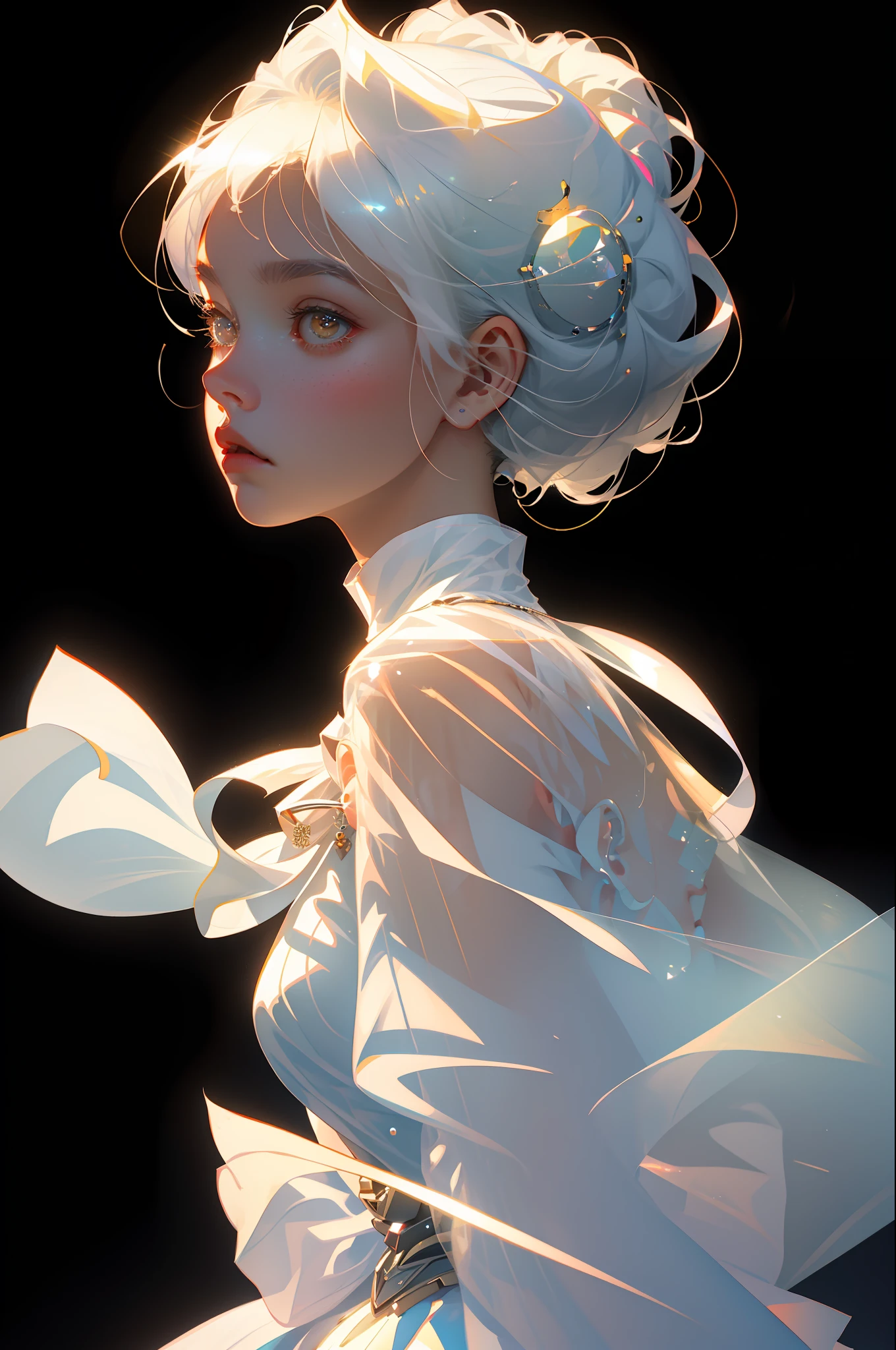 Highest quality,The perfect masterpiece,Perfect artwork,Official Works,8K,
(Upper Body Portrait:1.3),((Seen from the side:1.5)),close-up lens,Delicate face,
,White-haired girl,(hakuhatsu:1.5),short and medium hair,((White transparent eyes:1.5)),(white dress:1.2),(Transparent clothing:1.2),(Black background:1.3),
pearl illusion,Cyberpunk,fashion trend,3s material,high-definition,detail representation,c4d,3D,octane rendering,ray tracing,complex details,animated lighting,OCrenderer,