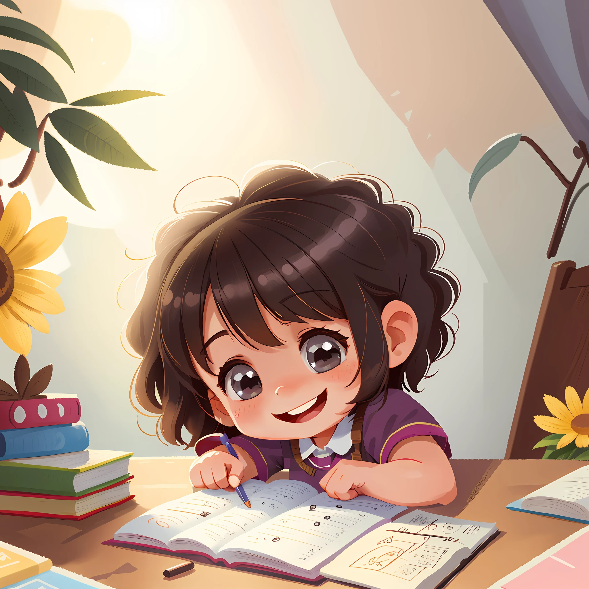 A little girl doing her homework, smiling