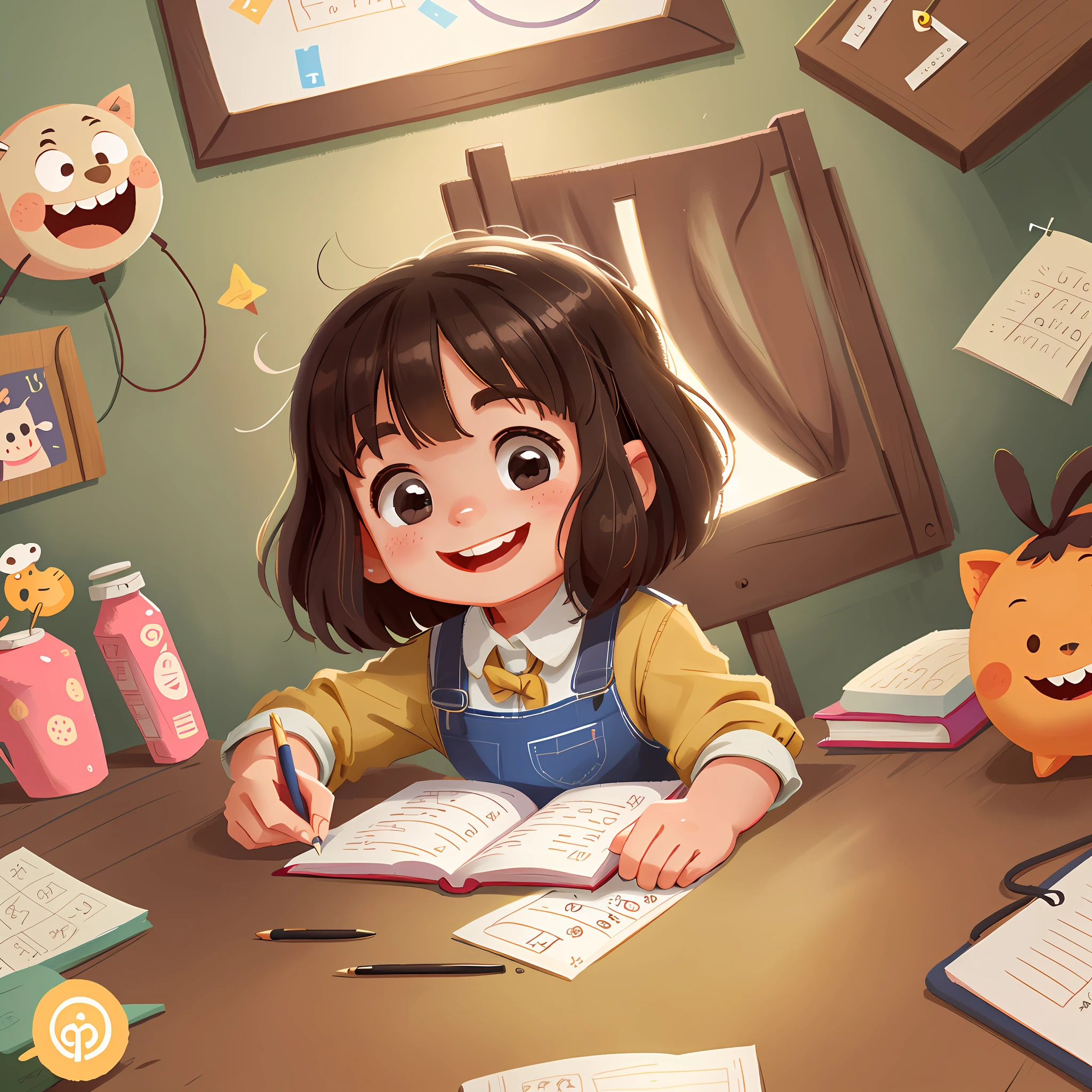 A little girl doing her homework, smiling