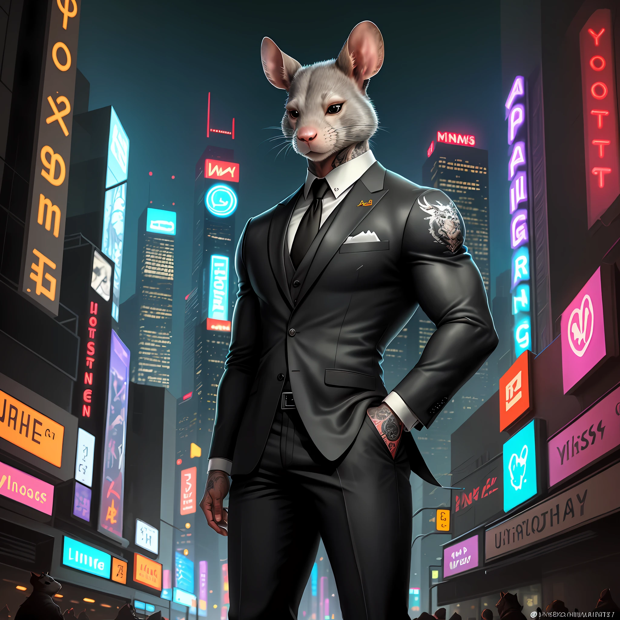 ((best quality)), (ultradetailed), ((masterpiece)), illustration, Scene structure: Animals anthropomorphize rats as gangsters, gray rat faces and human bodies. The fur is black, the expression is fierce, he is muscular and wears a white suit. Behind you are tall buildings and neon flashes. Tip composition: rat gangster, animal anthropomorphism, tattooed body, muscular, cityscape, tall buildings, neon signs