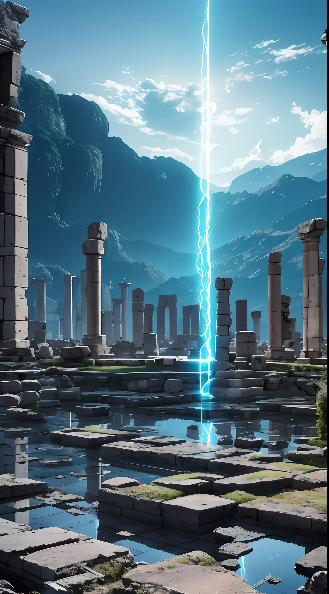 ancient ruins of Lornakar, ancient ruins of Lornakar. The crumbling walls and broken pillars told stories of a glorious past, now forgotten and swallowed up by time., modern, anime, reflection light, cinematic lighting, drop shadow, Ultra-Wide Angle, Wide-Angle, diffraction spikes, UHD, super detail, high quality, best quality, 1080P, 8k