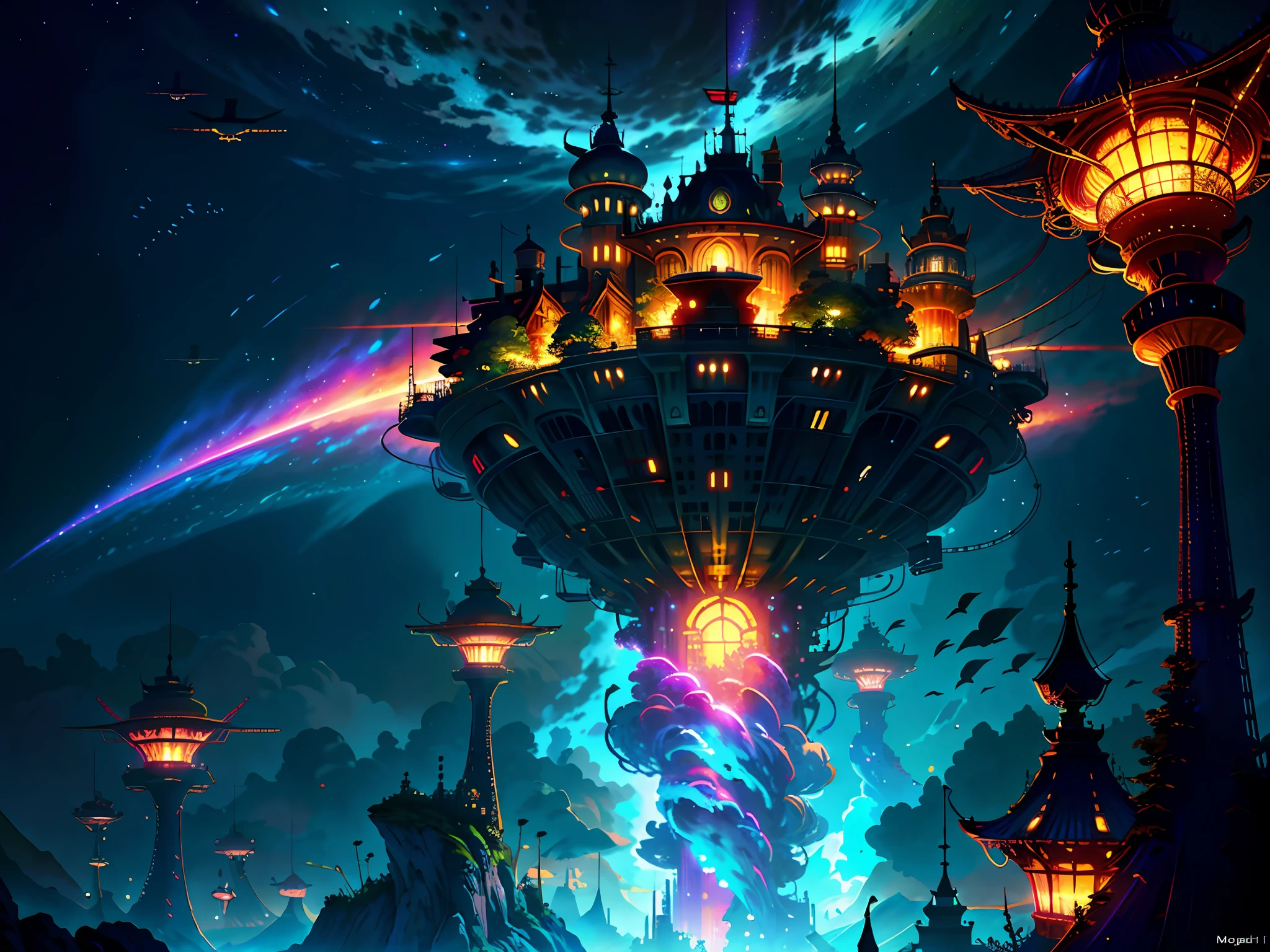 Many islands with city on it are suspended in the air with many small airships flying around, cities, fantasy, magical plants growing, extreme details, realistic light, epic composition, (complex details), (complex design, ultra-details :1.2), Art Station, (Masterpiece, Best Quality), Ultra HD, 32k ,extreme details, realistic light, epic composition, (complex details), (complex design, ultra-details :1.2), Art Station, (Masterpiece, Best Quality), Ultra HD, 32k ,octane render, bioluminescent,8K resolution concept art, realism,by Mappa studios,masterpiece,best quality,official art,illustration,ligne claire,(cool_color),perfect composition,absurdres, fantasy --v6