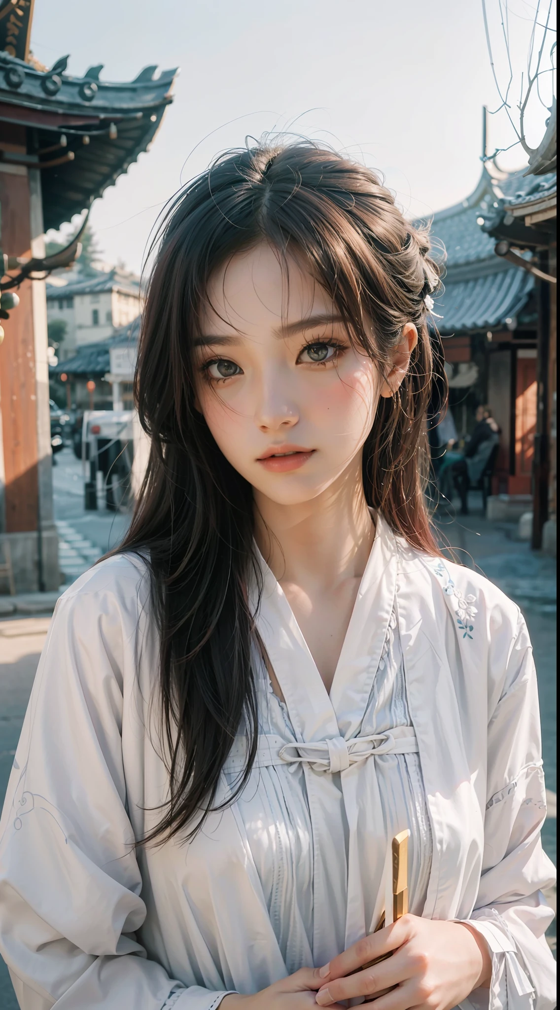 Official art, (looking at the audience), realistic painting, detailed depiction of ancient Chinese women, human women, extreme beauty, white Hanfu, burgundy hair, bright eyes, no hands, presented in a solo pose, close-up of upper body, access to detailed outdoor lighting and movie lighting, increase detailed overall ambient light, face and eye details, improve the realism of body details, clearly express sharp focus, expressionless, masterpiece level, minimalist background.
