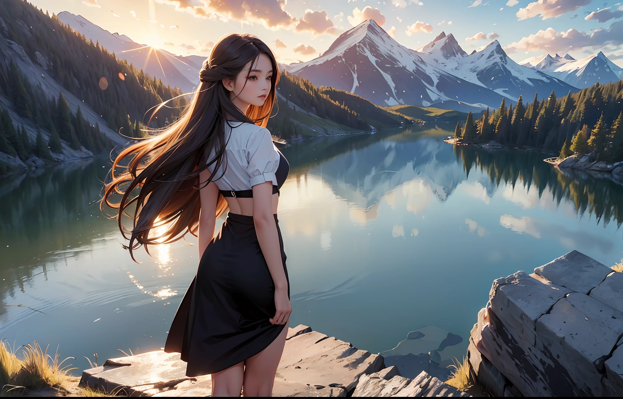 (Masterpiece,best quality, ultra high res) ,inticrate detail,detail face, perfect sunlight, girl standing on a rock looking out over a lake, girl with long hair, beautiful  artwork, beautiful art wallpaper 4k, windy hair, beautiful scene, from back