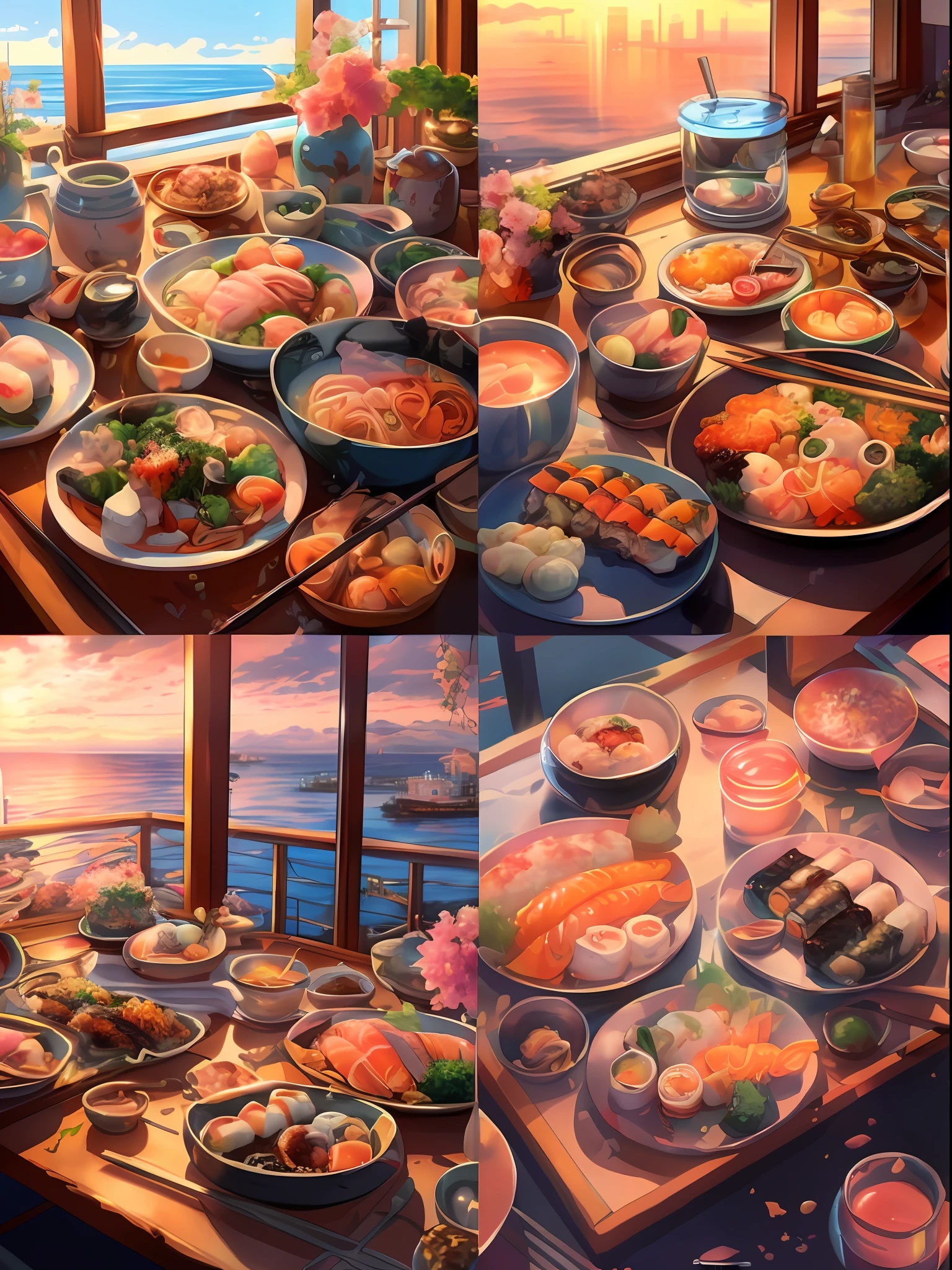 there are many plates of food on a table with a view of the ocean, super realistic food picture, anime food, 8k high quality detailed art, detailed painting 4 k, lofi artstyle, realistic anime 3 d style, ❤🔥🍄🌪, japanese art style, by Kamagurka, beautiful artwork, anime aesthetic, amazing food illustration