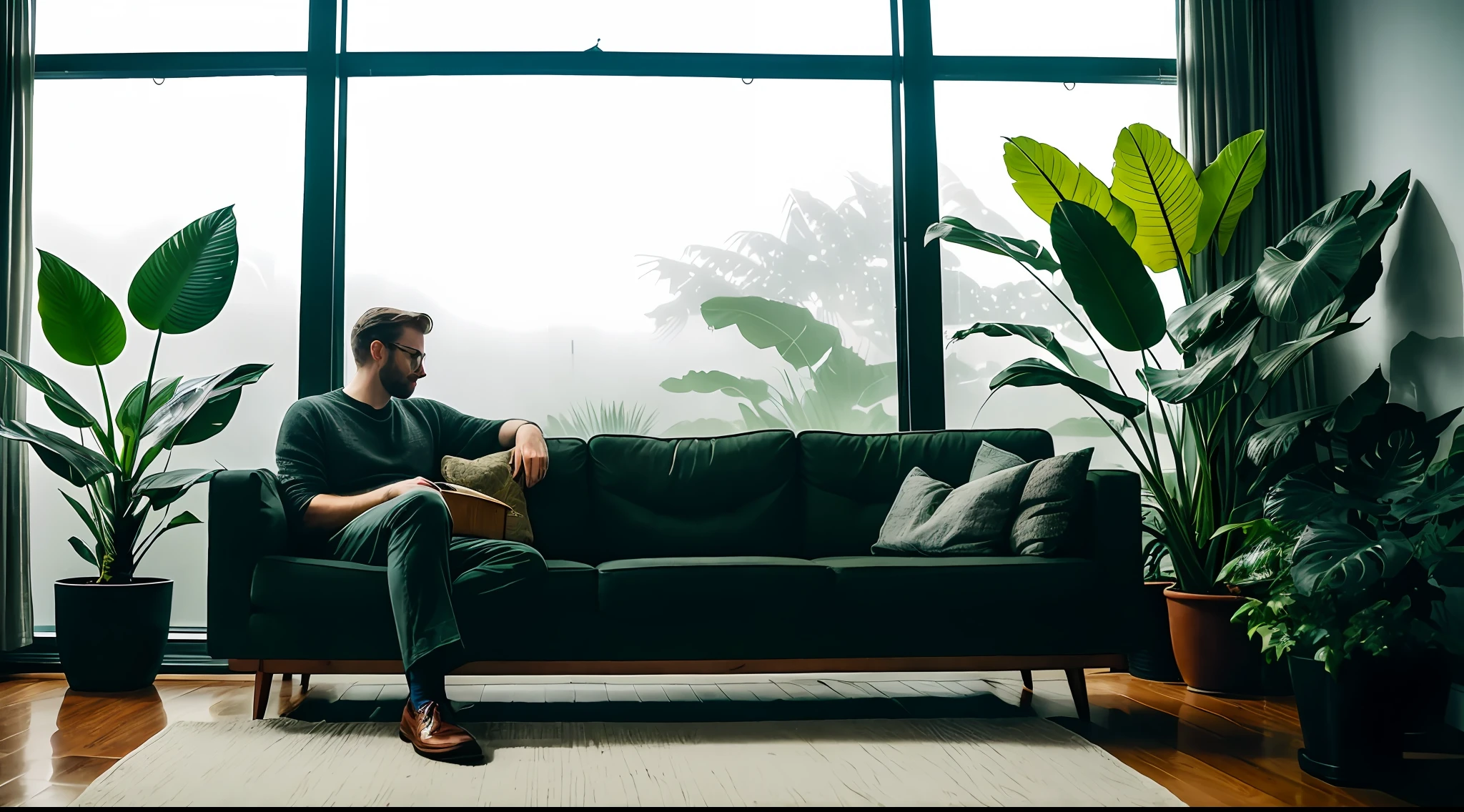 a man sitting in a couch, midcentury modern living room dimly lit with dark rainy evening outside, relaxing, chill, (foggy rainy evening:1.2), pacific northwest, (dim lighting:1.4), (moody lighting:1.2), plants, large plants, rainy, monstera, many plants, (foggy windows:1.2), masterpiece, best quality, twilight hour, (nighttime:1.4), rainy evening, after sunset