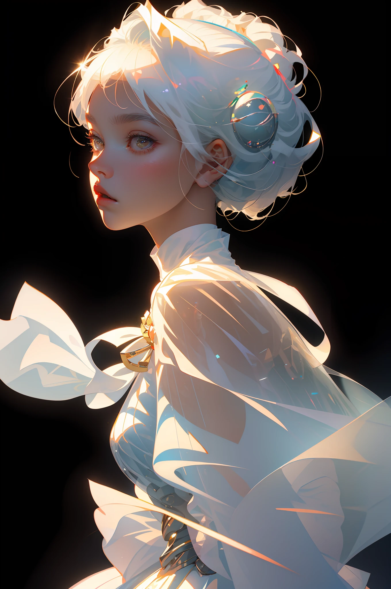 Highest quality,The perfect masterpiece,Perfect artwork,Official Works,8K,
(Upper Body Portrait:1.3),((Seen from the side:1.5)),close-up lens,Delicate face,
17 years old,White-haired girl,(hakuhatsu:1.5),short and medium hair,((White transparent eyes:1.5)),(white dress:1.2),(Transparent clothing:1.2),(Black background:1.3),
pearl illusion,Cyberpunk,fashion trend,3s material,high-definition,detail representation,c4d,3D,octane rendering,ray tracing,complex details,animated lighting,OCrenderer,