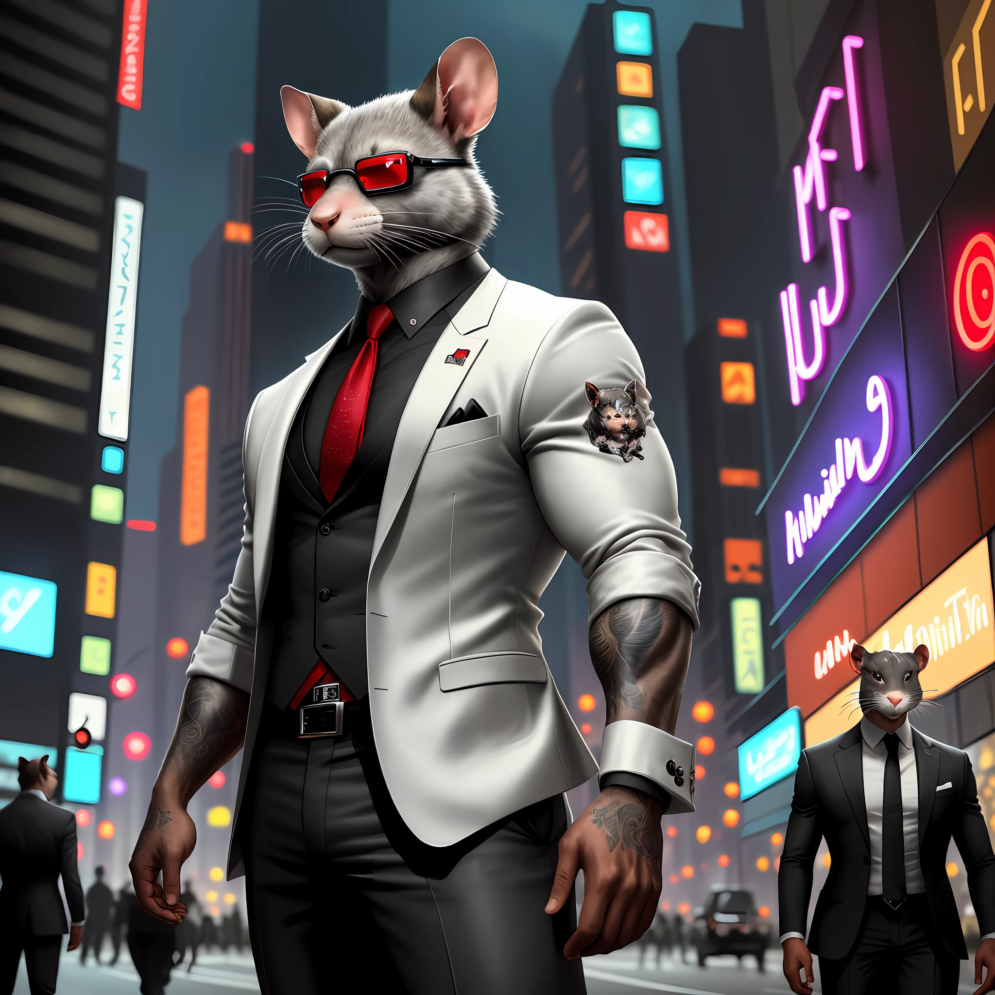 ((best quality)), ((ultradetailed)), ((masterpiece)), illustration, Scene structure: Animal anthropomorphic rats as poppers, gray rat faces and human bodies. His fur is black, his eyes are blood-red and his expression is fierce, he is muscular, wearing a white suit and exaggerated sunglasses. Behind you are tall buildings and neon flashes. Tip composition: rat gangster, animal anthropomorphism, tattooed body, muscular, cityscape, tall buildings, neon signs