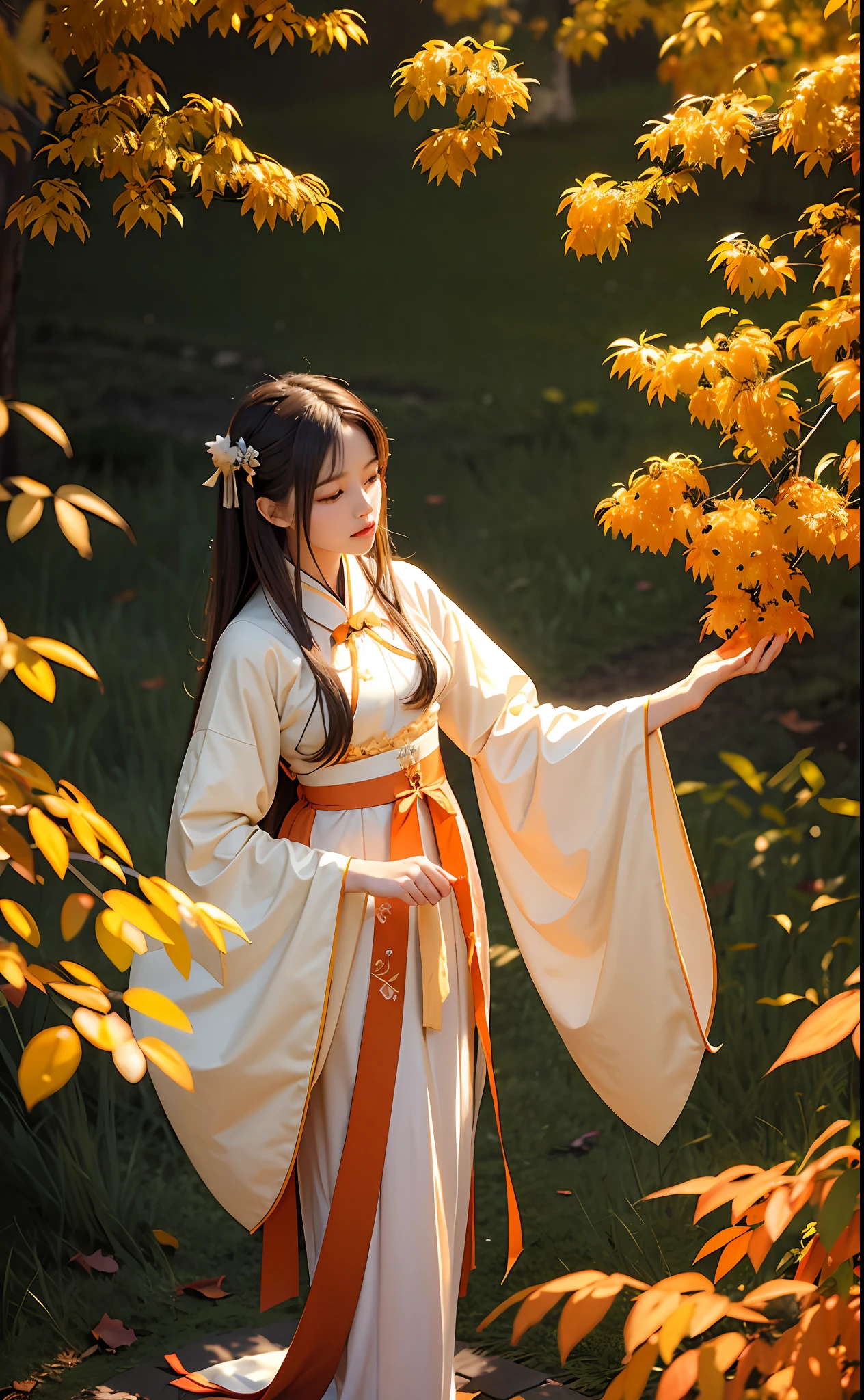 Sable cicada, period costume, Hanfu, soft colors, complex background, feminine elegance, fallen leaves, golden orange light and shadow