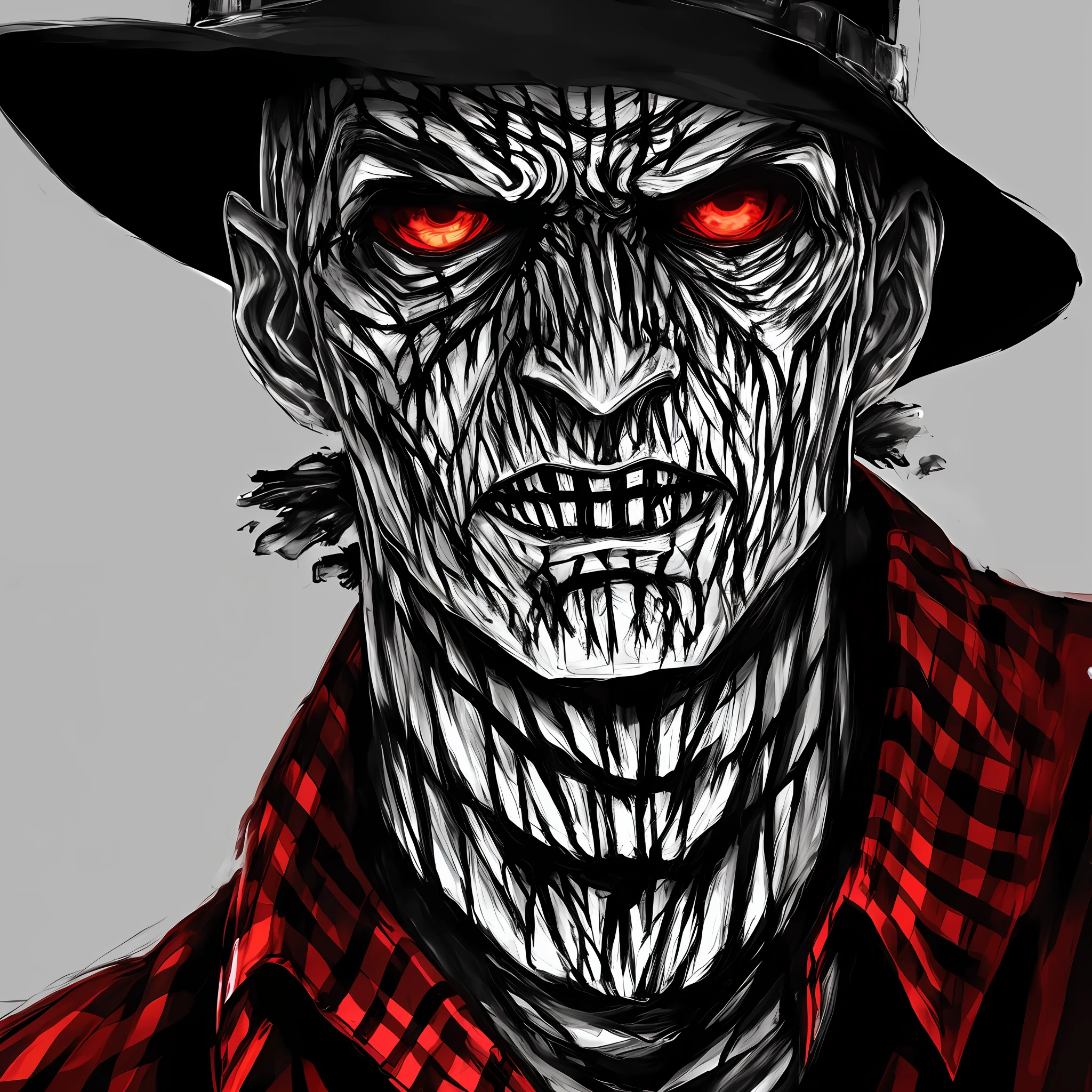 a haunting portrait of Freddy Krueger, executed in a striking splash art style.) dark background.