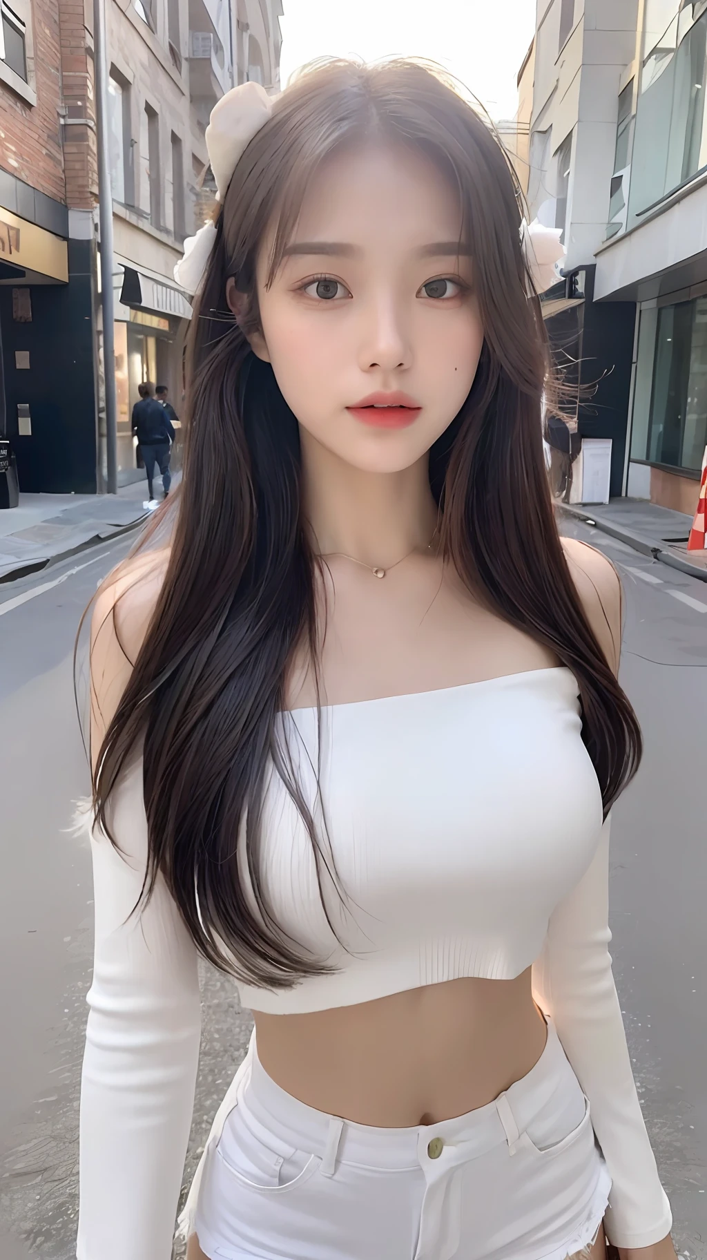 ((Best Quality, 8K, Masterpiece: 1.3)), (Flower Cap: 1.3), Focus: 1.2, Perfect Body Beauty: 1.4, Buttocks: 1.2, (Layered Haircut: 1.2)), (Dark Street: 1.3), Highly Detailed Face and Skin Texture, Full Body, Delicate Eyes, Double Eyelids, Whitened Skin, Long Hair, (Round Face: 1.5), (Loose Crop Top, Shorts: 1.6)