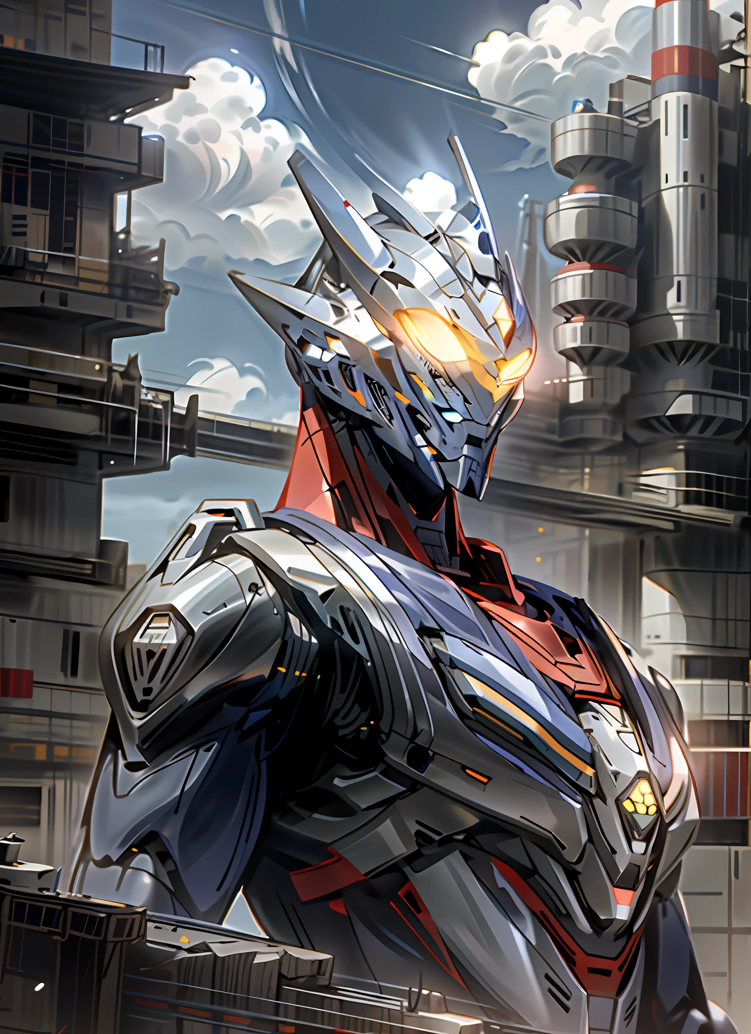 Sky, Clouds, holding_weapon, no_humans, Glow, Ultraman, Architecture, glowing_eyes, Mecha, Science Fiction, City, Reality, Mecha, 8K, There are villains around mecha for repair