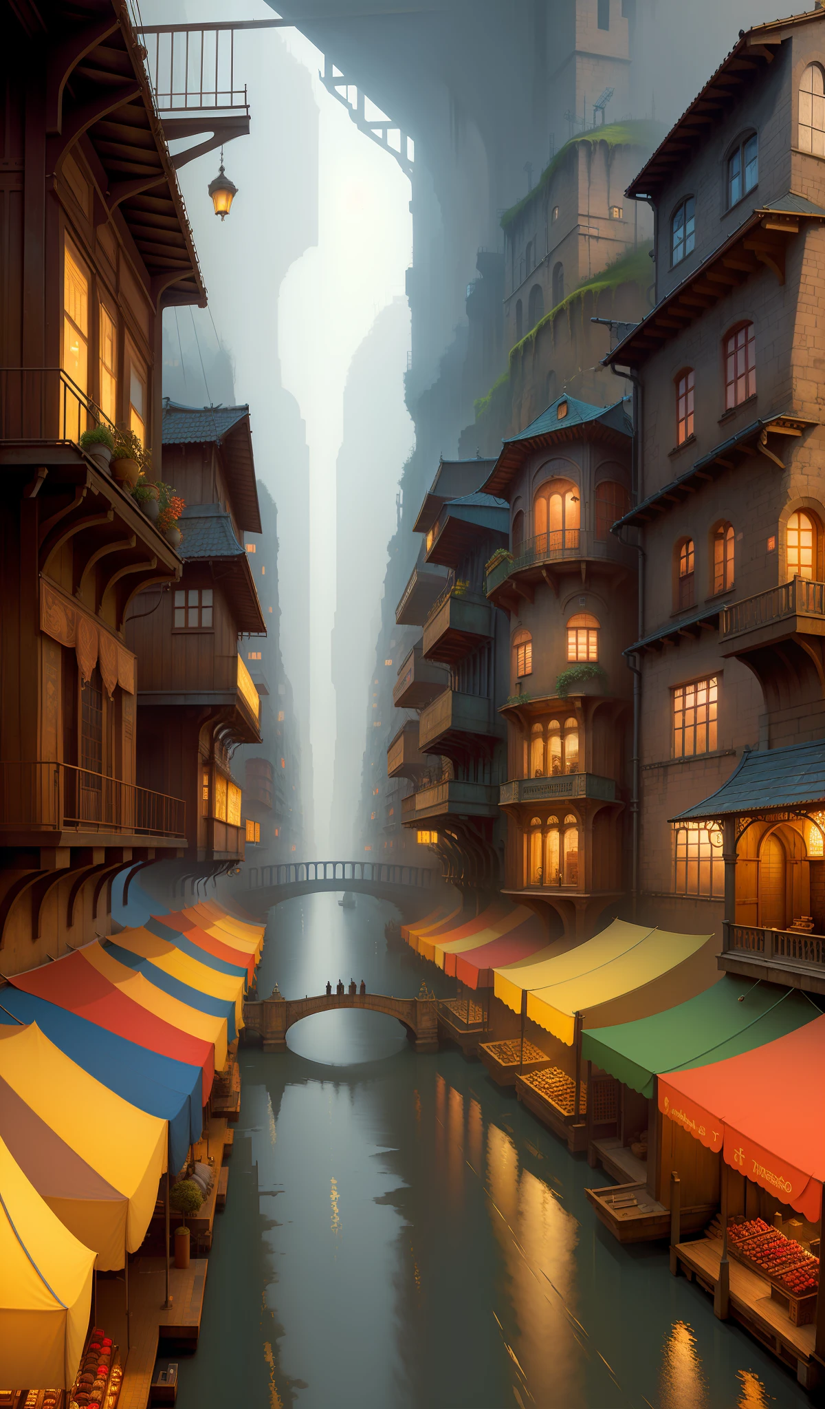 ((masterpiece)),((best quality)),((high detail)),((realistic,)) Industrial-age city, deep gorges in the middle, architectural streets, bazaars, bridges, rainy days, steampunk, European architecture, vivid colors, cinematic phoso, fog