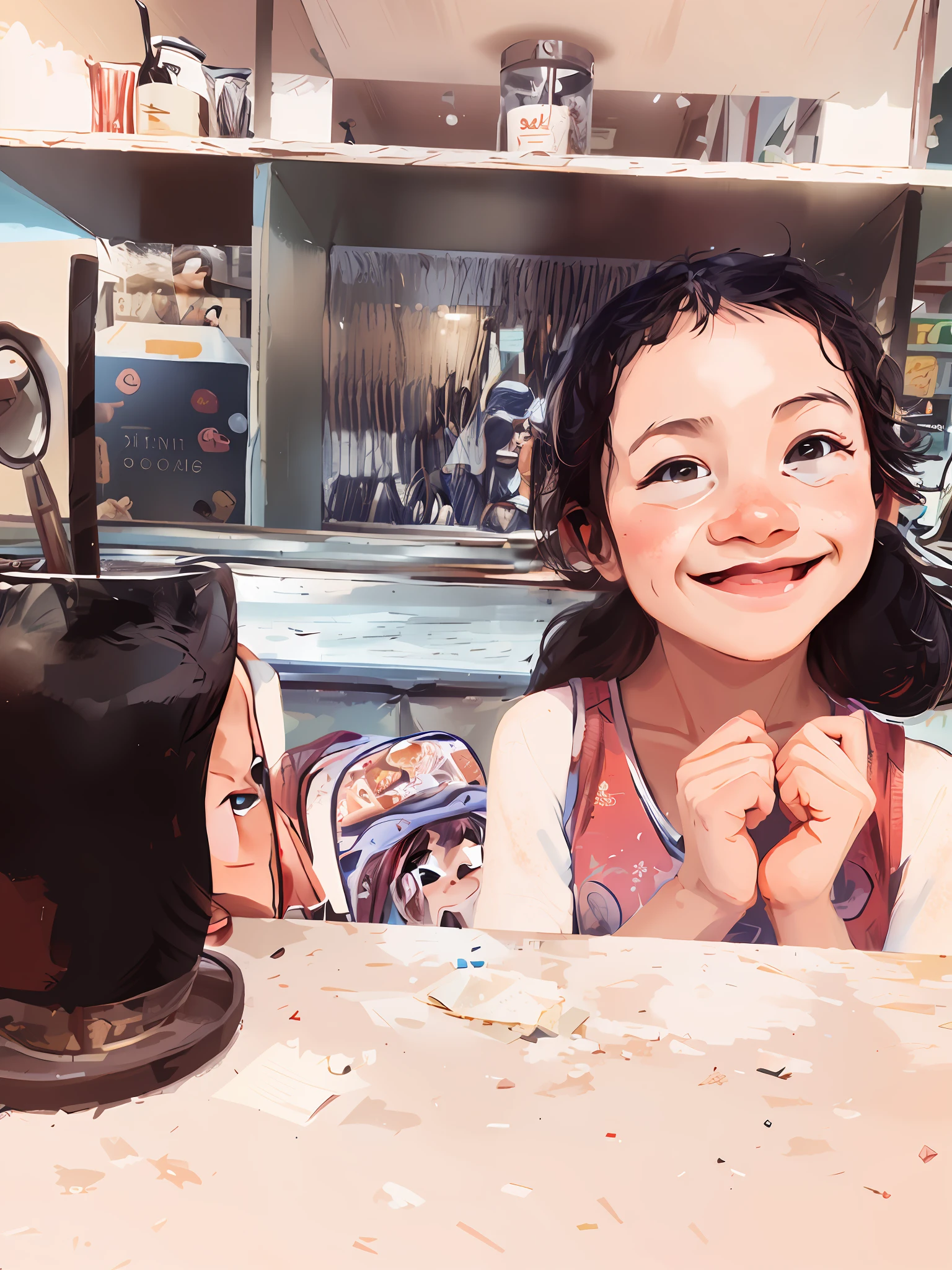 (morning), 1girl, solo, looking at viewer, restaurant, cowboy shot, smile, black hair