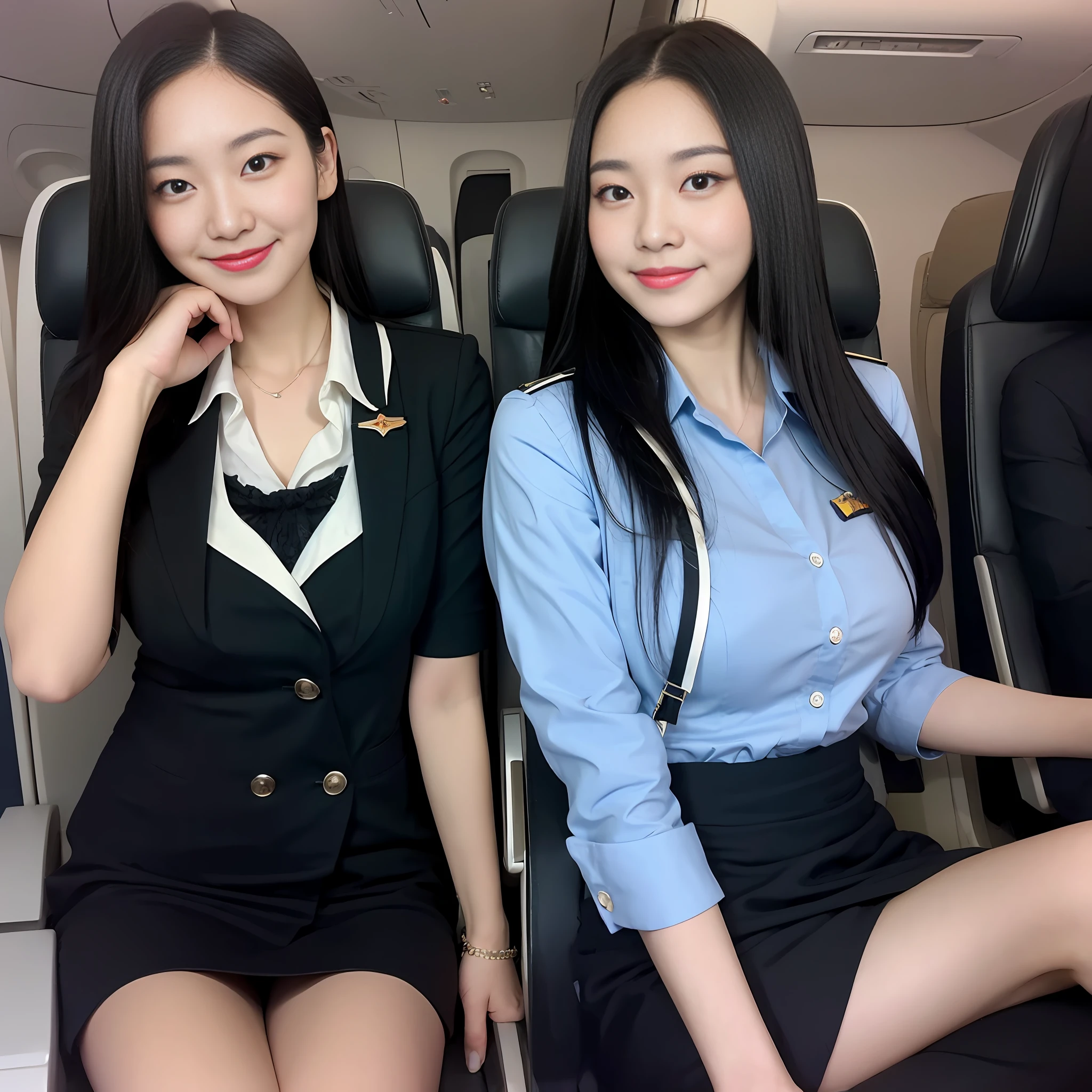 masterpiece, stewardess, seduction, short skirt, smile, stewardess, long black hair, on airplane seat, chest,