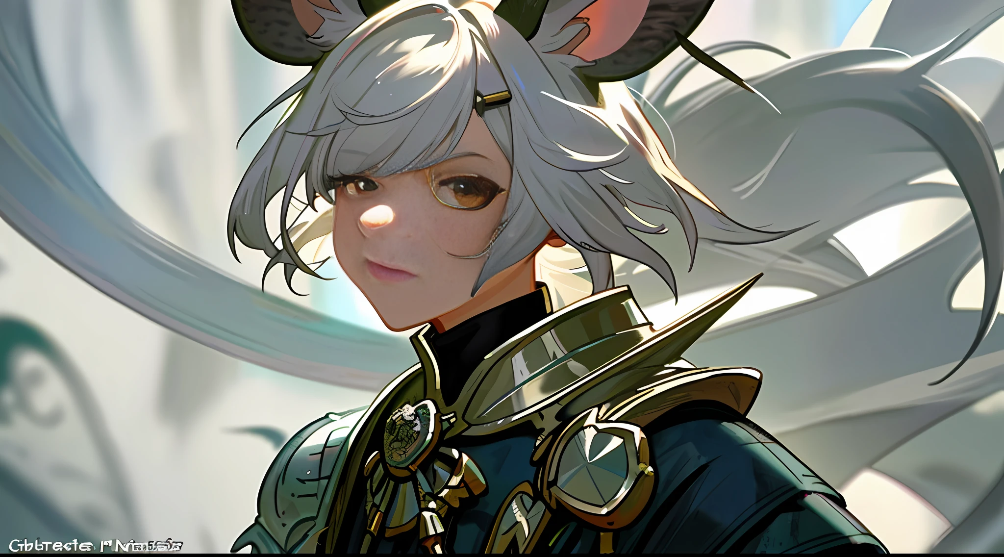 Silver Hair, Hair More Than One Eye, Rat Lady, Fantasy, Female Knight, Short Double Tail, Hairpin, Virtual Streamer, Live Screenshot , Raised Eyebrows, Mouse Ears, 8k, Super Detail, Super Detail, Textured Skin, Anatomically Correct, High Quality, Masterpiece, Ccurate, UHD