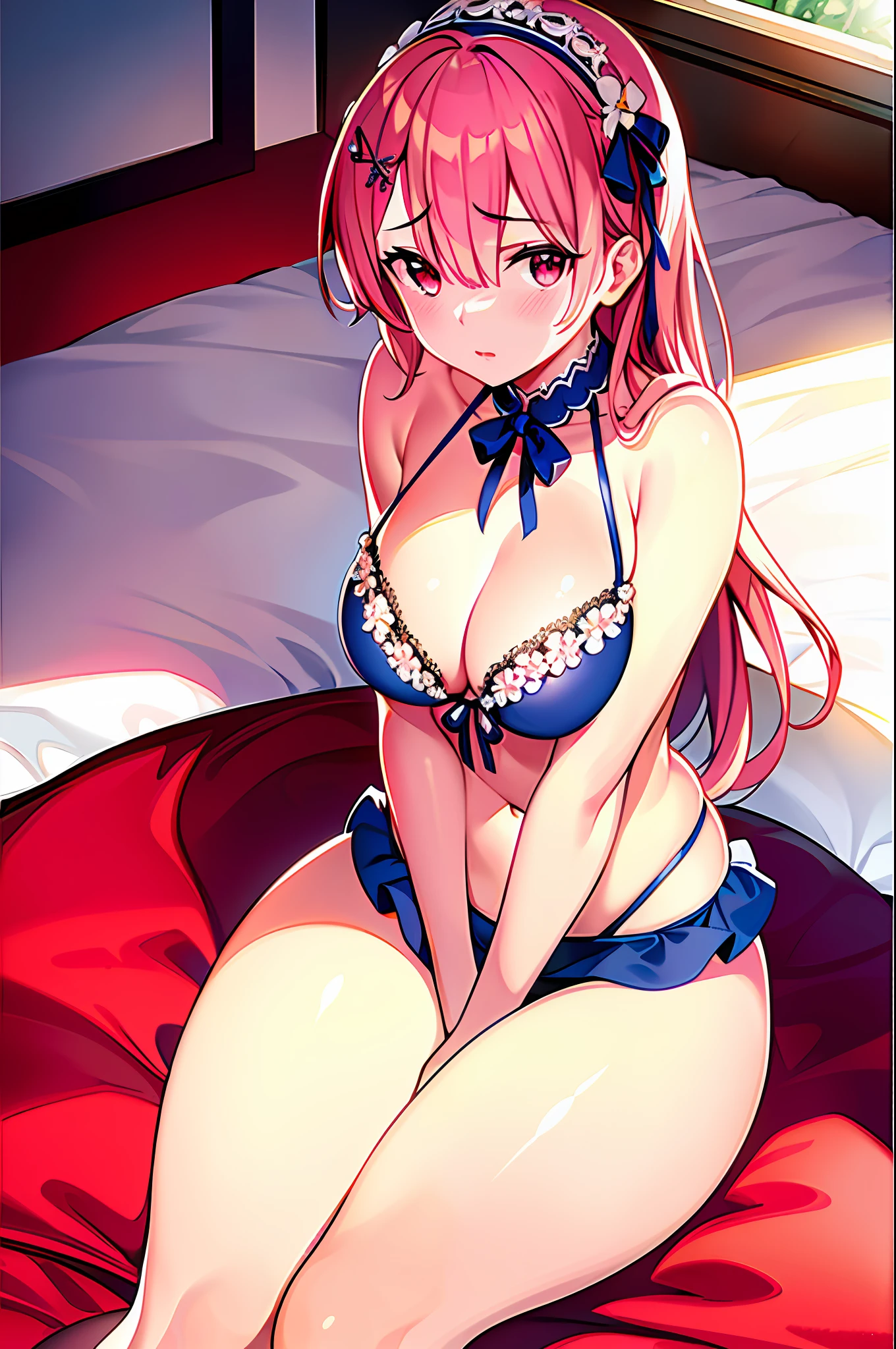 ultra realistic details, (8k, RAW photo, best quality, masterpiece:1.2), (finely detailed beautiful eyes: 1.2), ((1girl)), ((solo)), (bikini:1.4) , (sitting on bed:1.5), breast, (finely detailed eyes and detailed face:1.3), (beautiful and clear background:1.2), (extremely detailed CG, ultra-detailed, best shadow:1.1), ((depth of field)), (watercolor), large breasts, bare shoulders, flowers and petals, beautiful concept illustration, (illustration:1.1), (extremely fine and beautiful:1.1), (perfect details:1.1), ram,