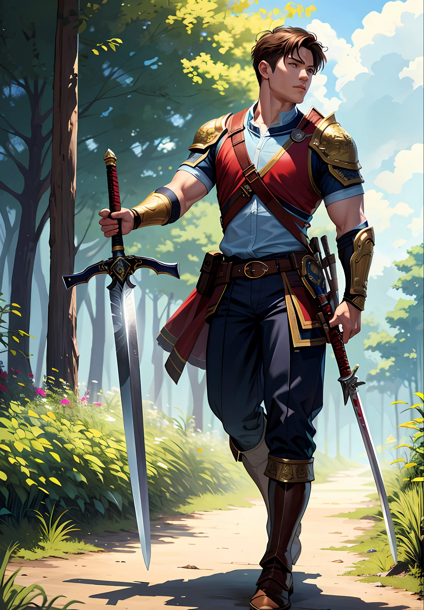 photorealistic, (hyperrealistic:1.2), beautiful, masterpiece, best quality, extremely detailed face, perfect lighting, WarriorStyle, full body, (holding weapon:1.4), 1boy, male focus,facing viewer, forest, nature, outdoors standing, holding weapon,(short brown hair), boots, solo, pants, water, , armor, sword, scenery, facing away,athletic,detailed hands and fingers,