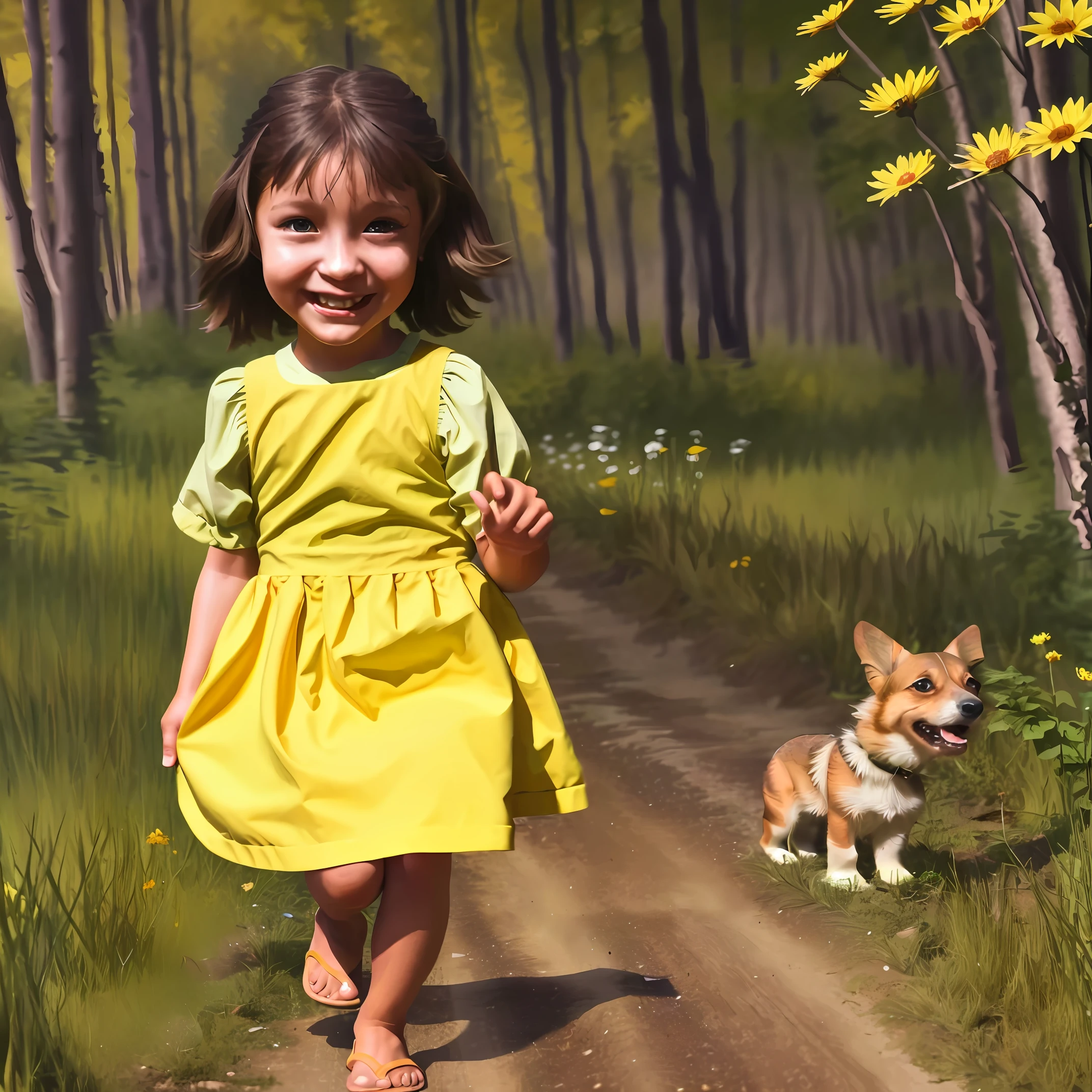 Tip: A very charming little girl with a backpack on her back with her cute little corgi dog enjoys a cute spring excursion surrounded by beautiful yellow flowers and nature. The illustration is a high-definition illustration in 4K resolution with highly detailed facial features and cartoon-style visuals.