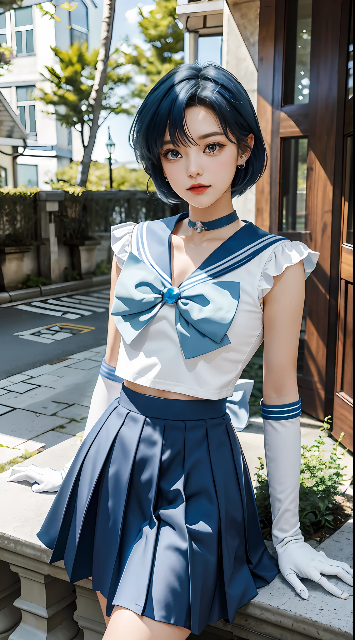 masterpiece, best quality, highres, mer1, tiara, sailor senshi uniform, blue skirt, blue sailor collar, tiara, bow, knee boots, choker, white gloves, blue choker, elbow gloves, jewelry, earrings, pleated skirt, cowboy shot, outdoors
