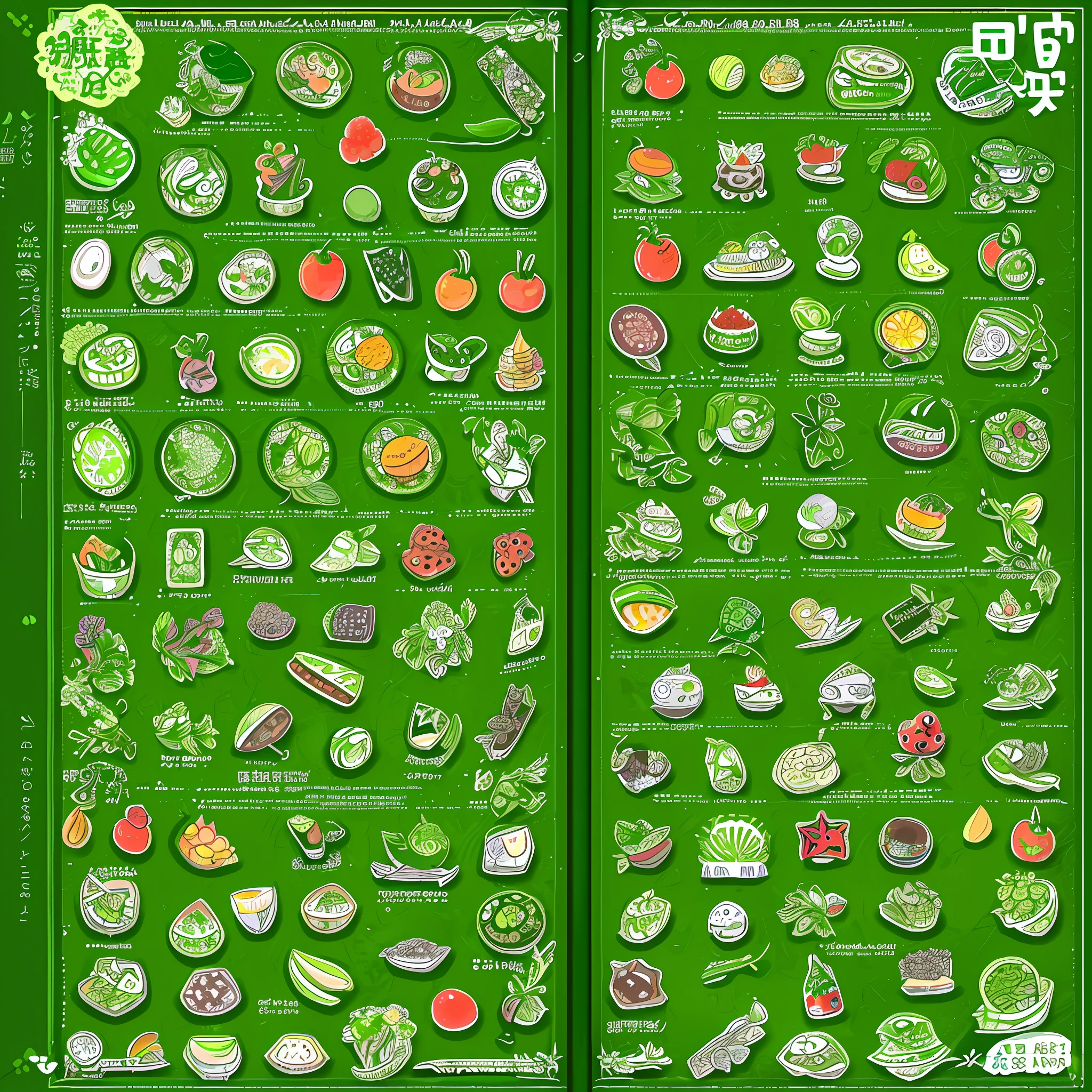 Green theme, close-up of bunch of stickers with different types of food, stickers, sticker illustrations, unused stickers, sticker illustrations, stickers, planner stickers, fantasy sticker illustrations, sticker designs, loli, decorative inspiration illustrations, sticker concept design, different fruits, no overlap between patterns, with spacing -- v 6