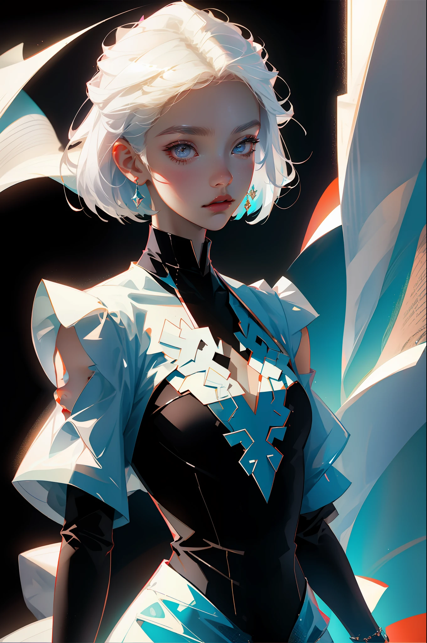 Highest quality, perfect masterpiece, perfect work, official work, 8K, (upper body: 1.3), (side: 1.5)), close-up, delicate face, , white haired girl, (white hair: 1.5), medium and short hair, ((white transparent eyes: 1.2)), (white dress: 1.2), (transparent clothing: 1.2), (black background: 1.3), pearl illusion, cyberpunk, fashion trend, 3s material, HD, detail performance, c4d, 3D, octane rendering, ray tracing, intricate detail, animated lighting, OCrenderer,