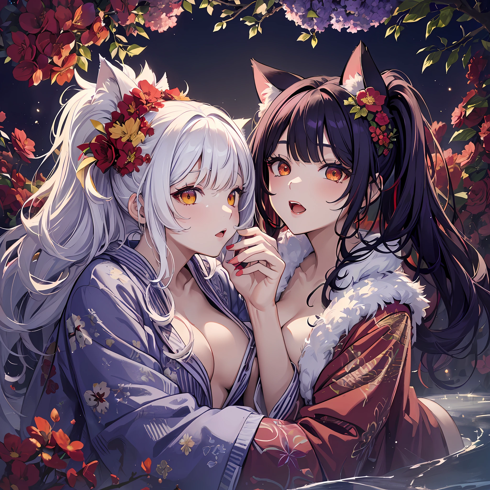masterpiece, high resolution, high quality, open-air bath, night, 2 girls, (bathrobe, red hair ornament, big, cat ears, floral, yellow eyes, white hair, twin tails), (bathrobe, purple hair ornament, big, floral, red eyes, black hair, ponytail), NSFW, seduction, kissing