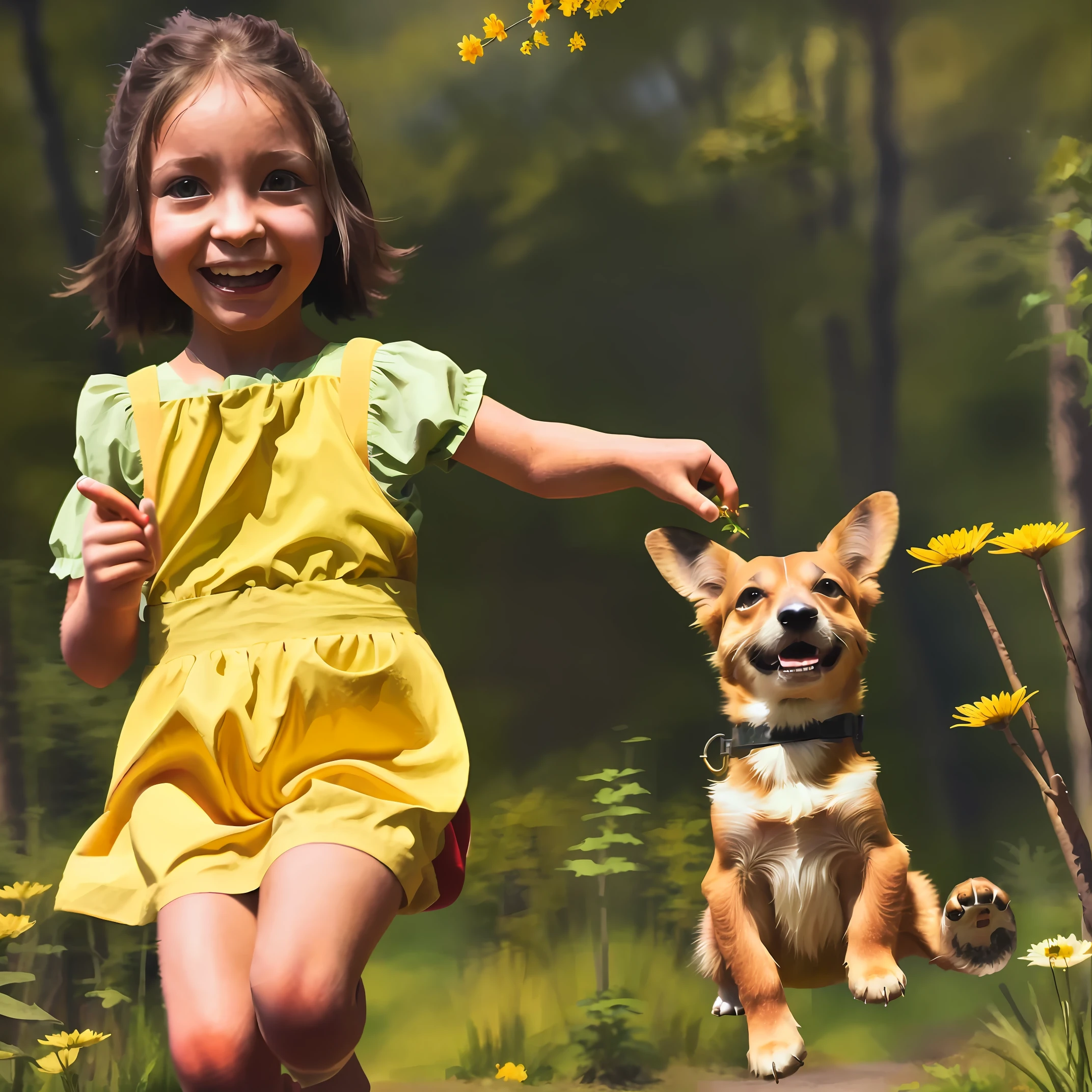Tip: A very charming with a backpack on her back with her cute little corgi dog enjoys a cute spring excursion surrounded by beautiful yellow flowers and nature. The illustration is a high-definition illustration in 4K resolution with highly detailed facial features and cartoon-style visuals.