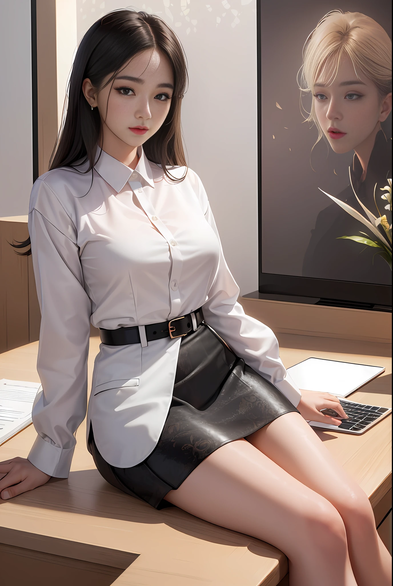 a woman in a skirt and blouse, work at office, MacBook, Female Boss, modern office interior, wide window, city view, smooth white tight clothes suit, gorgeous young korean woman, wearing an elegant outfit, elegant clothes, beautiful south korean woman, elegant slim beige shirt, korean woman, korean girl, white trendy clothes, beautiful young korean woman, gorgeous lady, (hyperrealistic), (illustration), (high resolution), (8K), (extremely detailed), (best illustration), (beautiful detailed eyes), (best quality), (ultra-detailed), (masterpiece), (wallpaper), (detailed face)