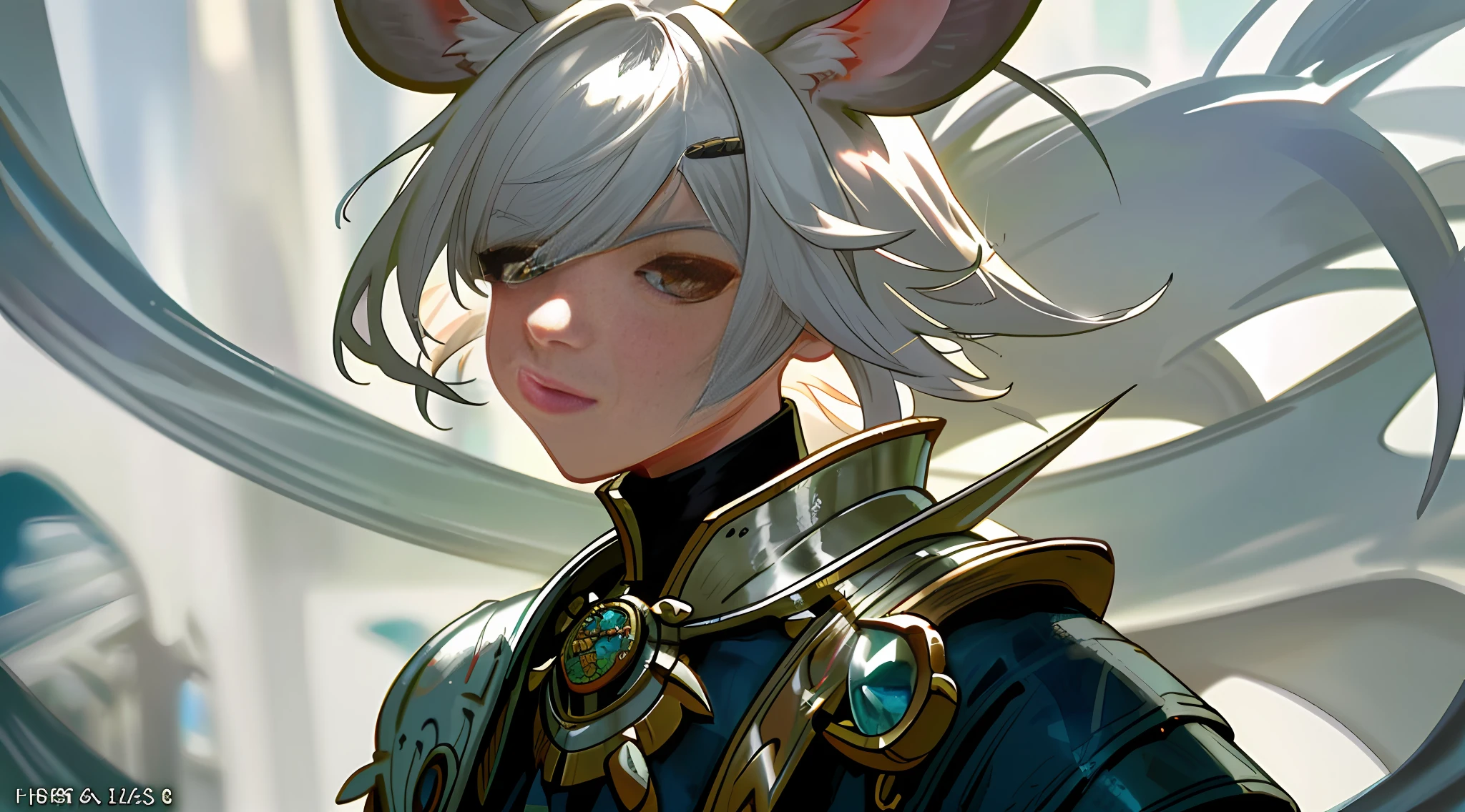 Silver Hair, Hair More Than One Eye, Rat Lady, Fantasy, Female Knight, Short Double Tail, Hairpin, Virtual Streamer, Live Screenshot , Raised Eyebrows, Mouse Ears, 8k, Super Detail, Super Detail, Textured Skin, Anatomically Correct, High Quality, Masterpiece, Ccurate, UHD
