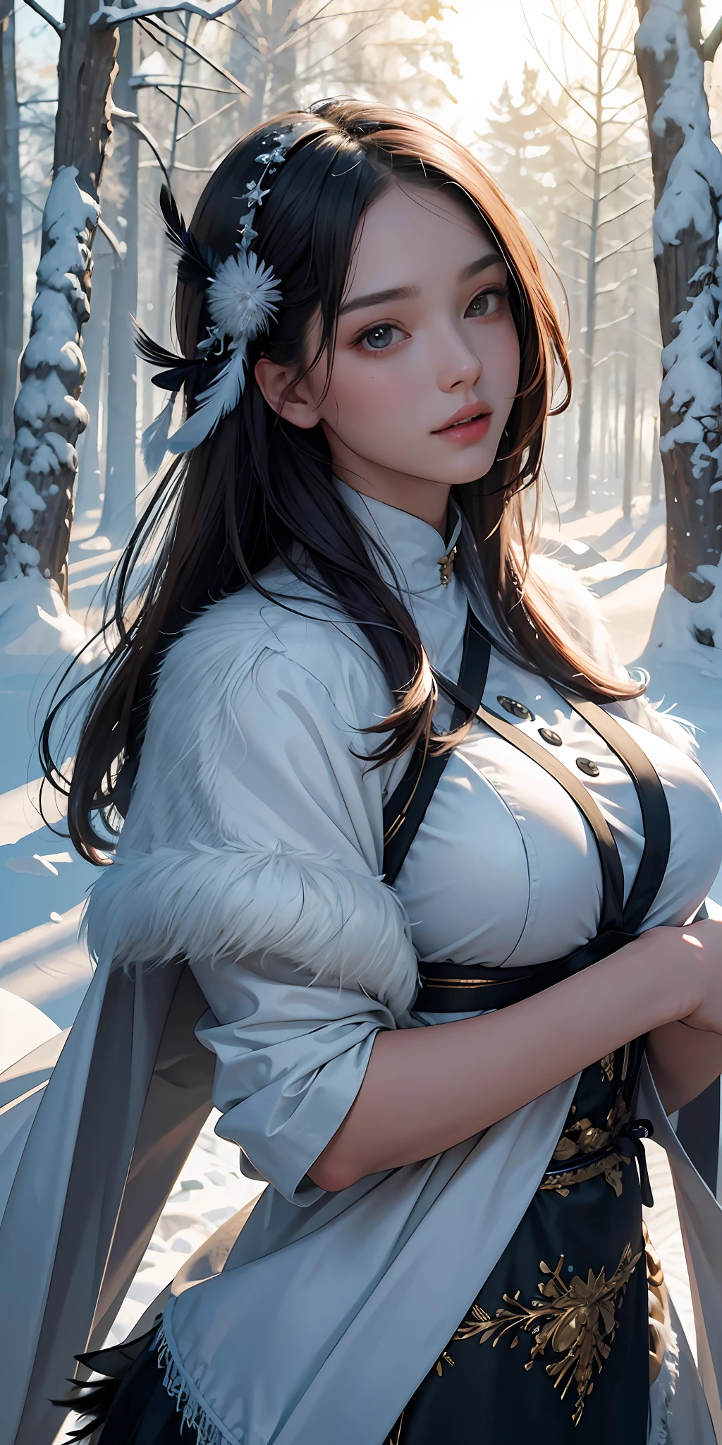 (Masterpiece,best quality, ultra high res) ,inticrate detail,detail face, perfect sunlight, girl wearing feather, at snow forrest, large breast