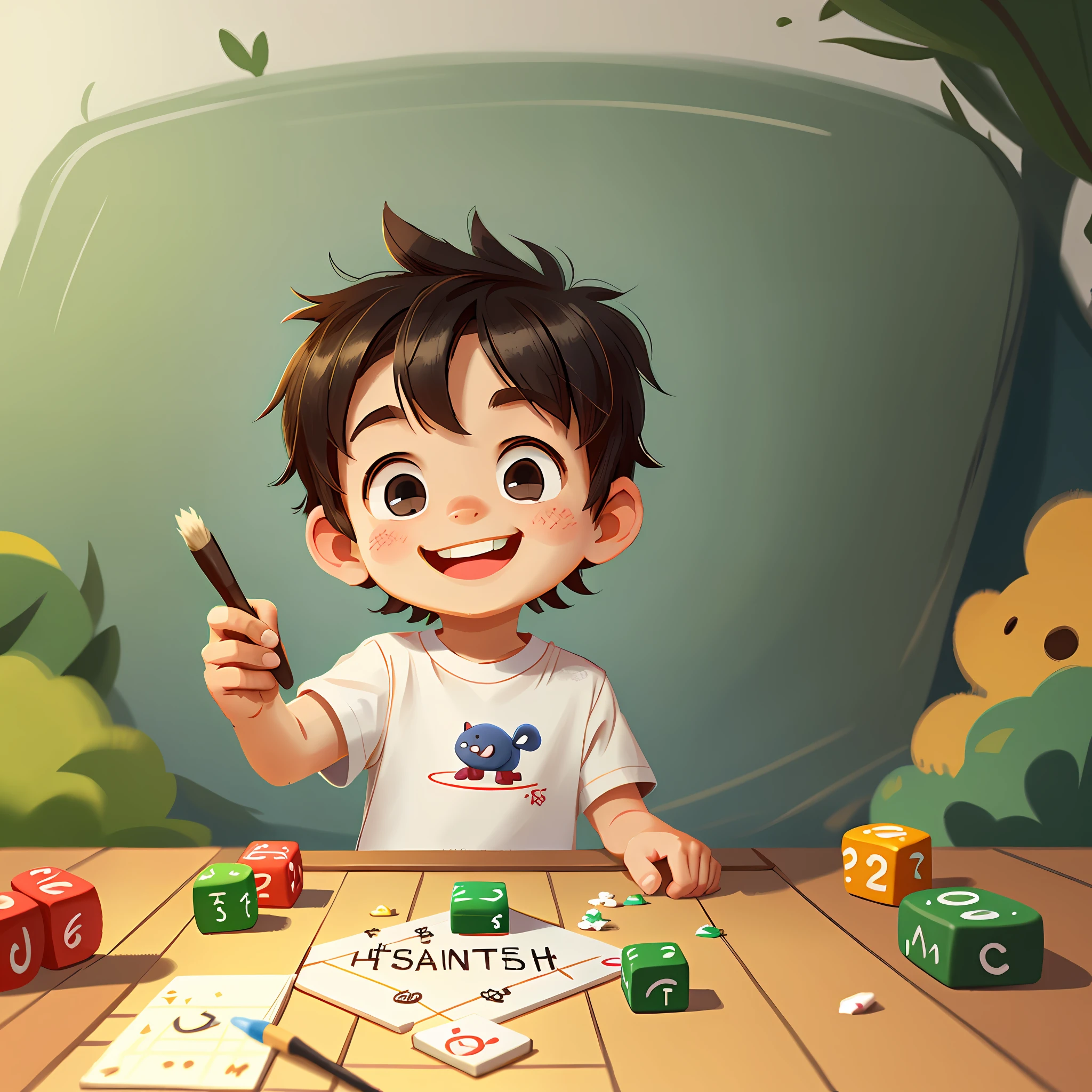 A playing Go, brush writing, smiling