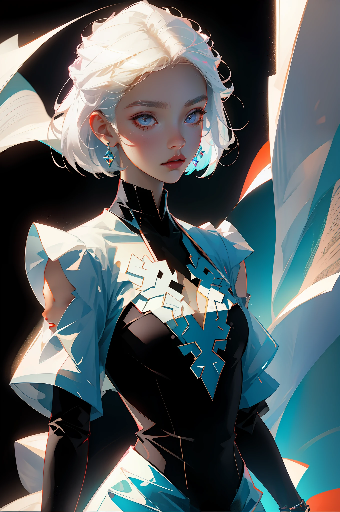 Highest quality, perfect masterpiece, perfect work, official work, 8K, (upper body: 1.3), (side: 1.5)), close-up, delicate face, 17 years old, white haired girl, (white hair: 1.5), medium and short hair, ((white transparent eyes: 1.2)), (white dress: 1.2), (transparent clothing: 1.2), (black background: 1.3), pearl illusion, cyberpunk, fashion trend, 3s material, HD, detail performance, c4d, 3D, octane rendering, ray tracing, intricate detail, animated lighting, OCrenderer,
