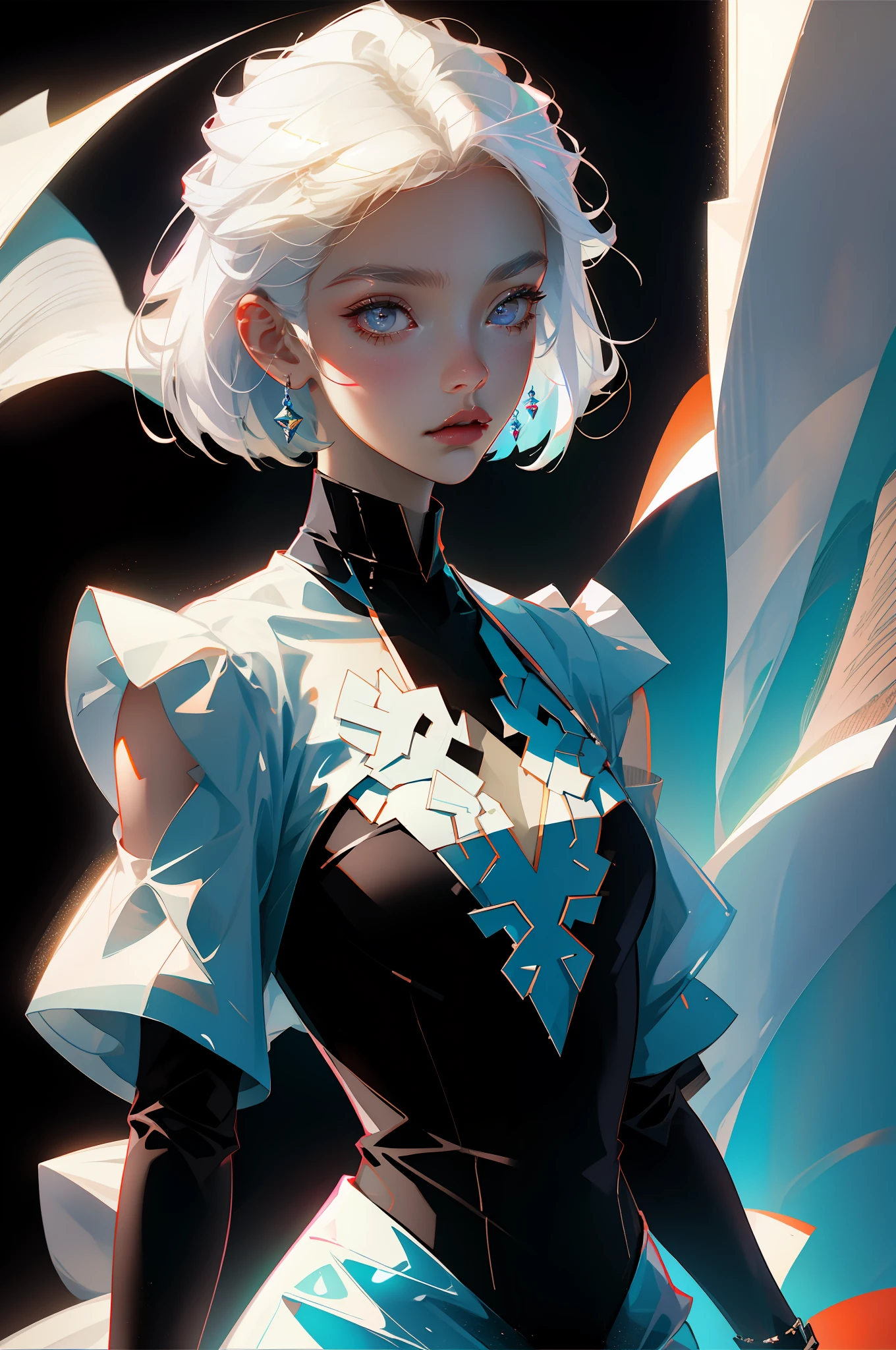 Highest quality, perfect masterpiece, perfect work, official work, 8K, (upper body: 1.3), (side: 1.5)), close-up, delicate face, 17 years old, white haired girl, (white hair: 1.5), medium and short hair, ((white transparent eyes: 1.2)), (white dress: 1.2), (transparent clothing: 1.2), (black background: 1.3), pearl illusion, cyberpunk, fashion trend, 3s material, HD, detail performance, c4d, 3D, octane rendering, ray tracing, intricate detail, animated lighting, OCrenderer,