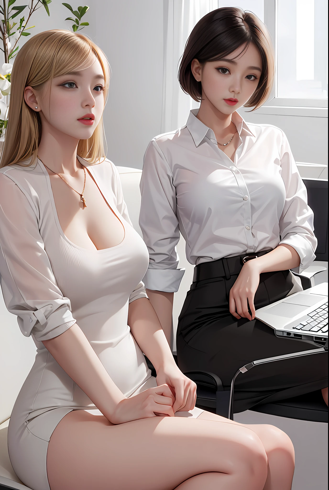 a woman in a skirt and blouse, work at office, look at Laptop, Female Boss, modern office interior, smooth white tight clothes suit, gorgeous young korean woman, wearing an elegant outfit, elegant clothes,  elegant slim beige shirt, korean woman, korean girl, white trendy clothes, beautiful young korean woman, gorgeous lady,  (hyperrealistic), (illustration), (high resolution), (8K), (extremely detailed), (best illustration), (beautiful detailed eyes), (best quality), (ultra-detailed), (masterpiece), (wallpaper), (detailed face)